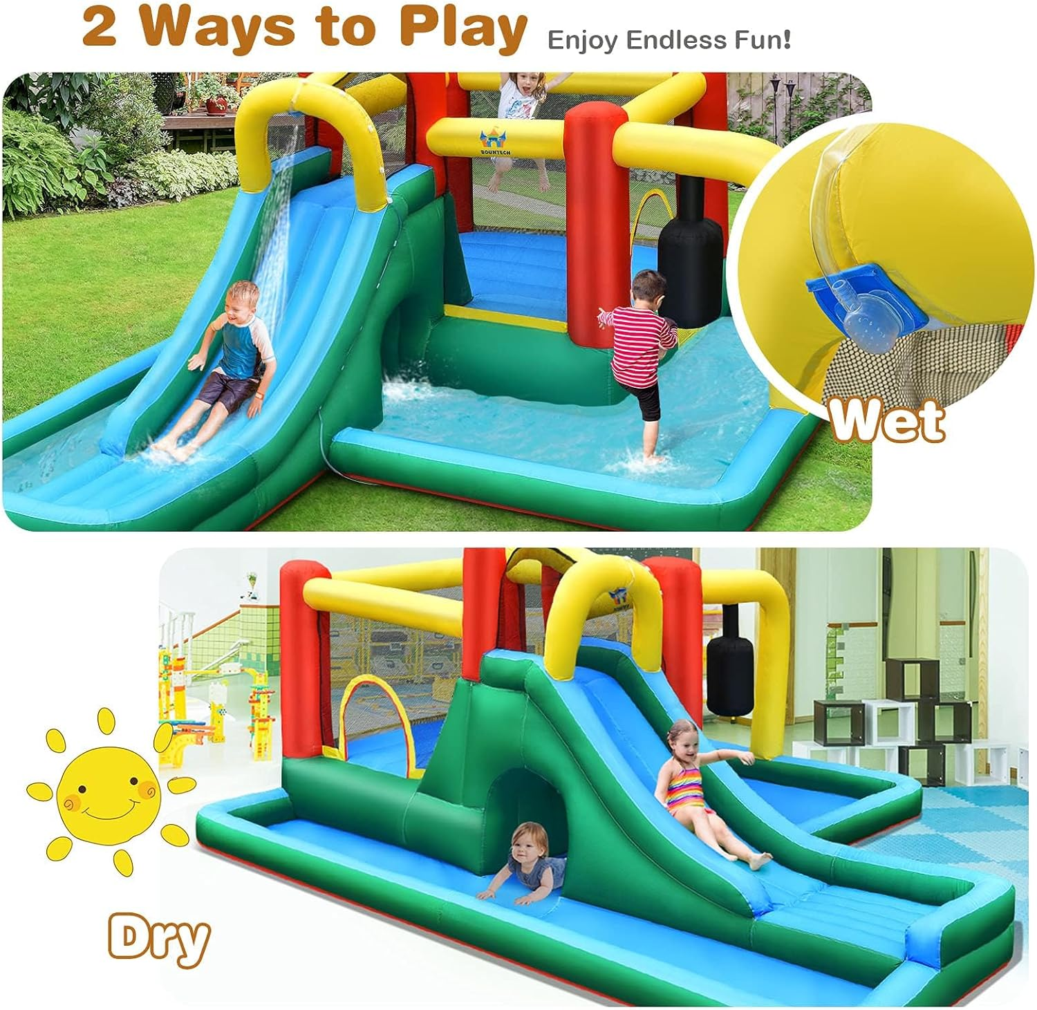 HONEY JOY Inflatable Water Slide, 6-In-1 Kids Water Slide Jumping Bounce House, Inflatable Pool with Slide, Climbing Wall, Tunnel, Pendulum, Blow up Water Slides for Backyard (Without Blower) image number 6
