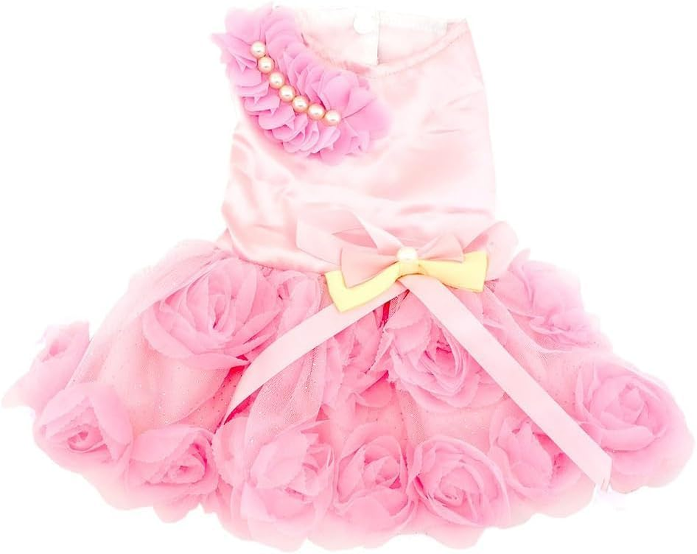 Pet Small Dog Wedding Dress with Bowknot Birthday Party Costume Satin Rose Pearls Girl Formal Dress (Pink, XXL) image number 5