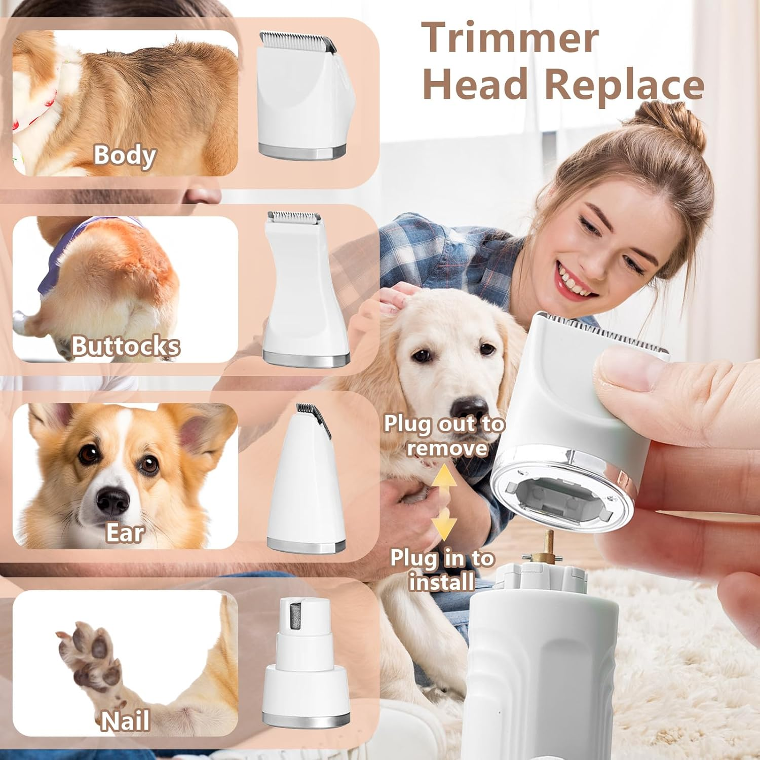 Dog Grooming Kit, 4 in 1 Dog Clippers with 3 Cutter Head and 1 Dog Nail Grinder, Low Noise 55Db Dog Paw Trimmer for Trimming Dog'S Hair around Paws, Eyes, Ears, Face, Rump [4 Guide Combs] (White) image number 4