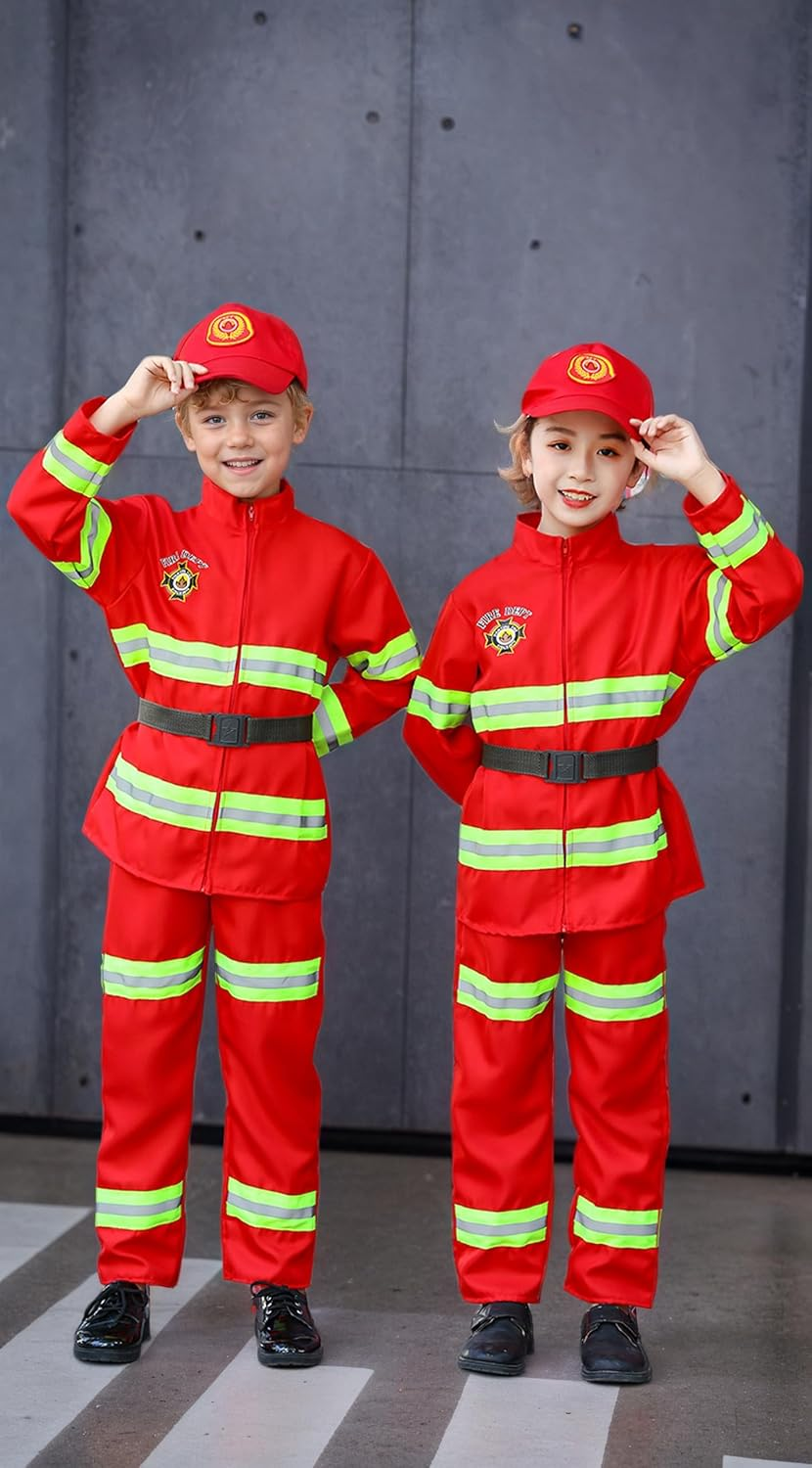 Kids Firefighter Costume Toddler Fireman Dress up Boy Fire Pretend Chief Outfit Halloween Role Play Career Suit Party Birthday Gift