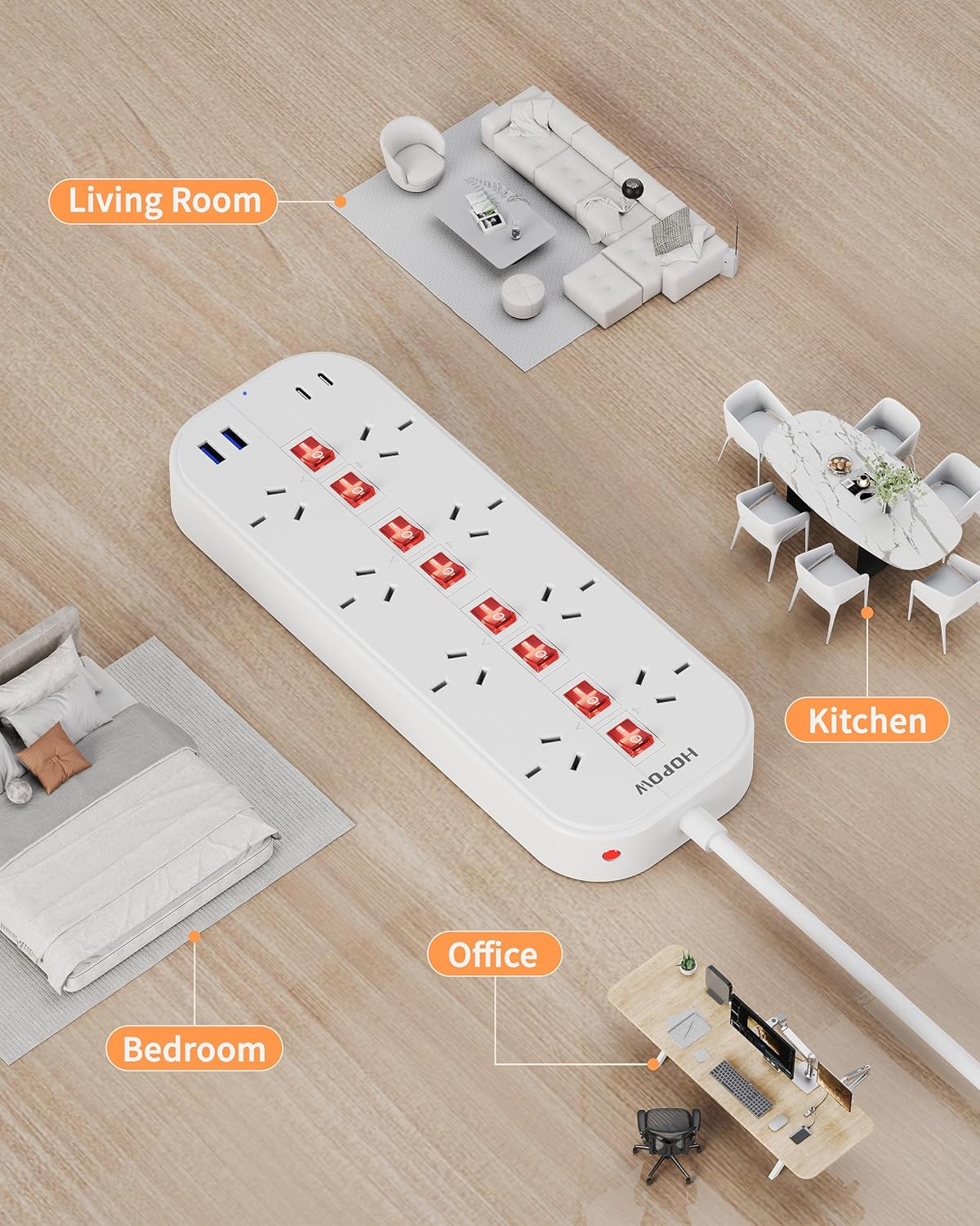 Power Board with Individual Switches, Power Strip with 8 Wide Outlets(2 USB a & 2 USB C), 350J Surge Protection Power Board, Powerboard 10A/2400W, 2M Extension Cord for Home, Office, Hotel image number 2