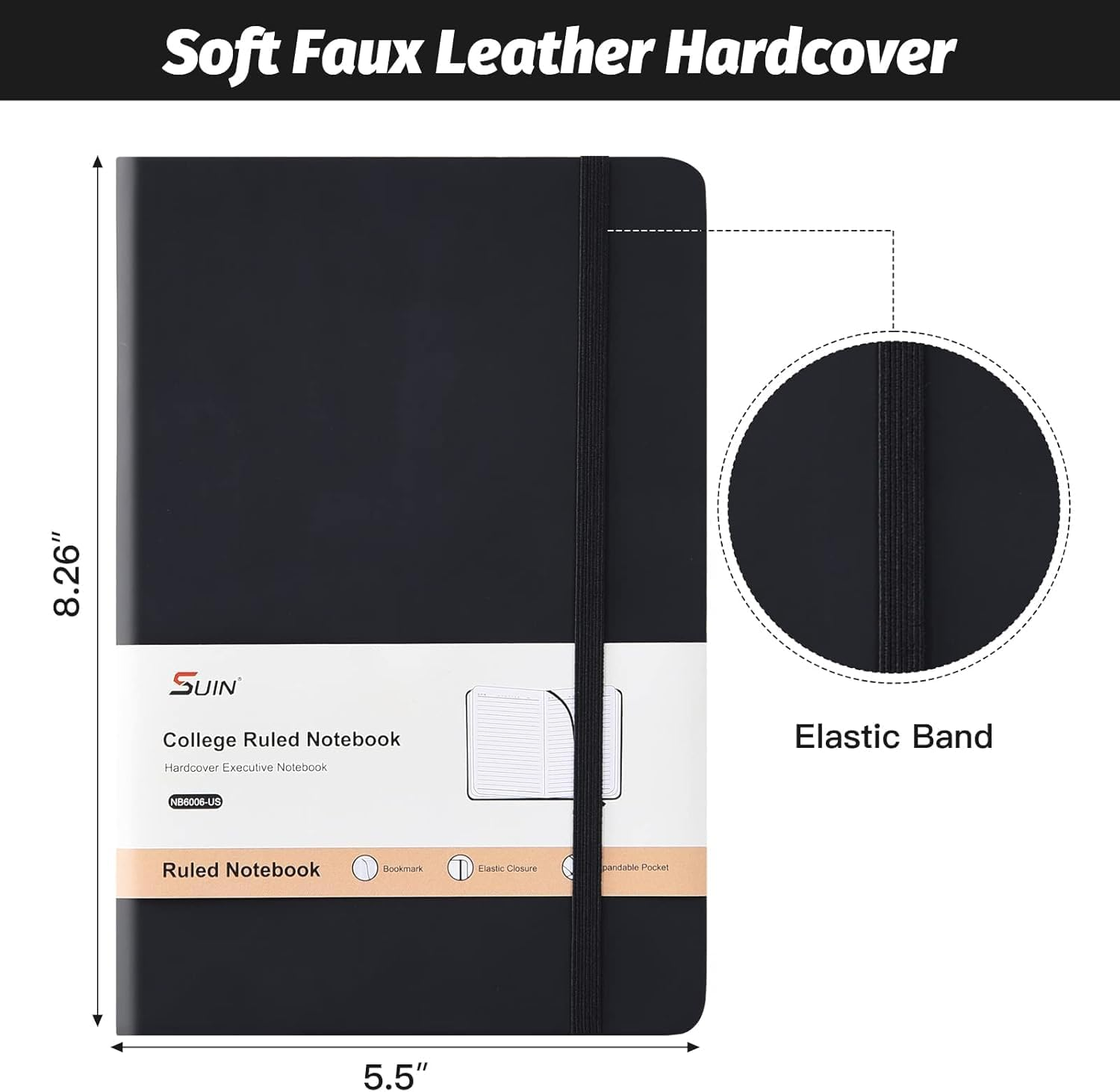 A5 Hardcover Notebook, Lined Journal with 200 Pages, Soft-Touch Faux Leather Cover with Elastic Closure, Ribbon & Pocket - Perfect for Work, Office & Notes (Black - 1 Pack) image number 2
