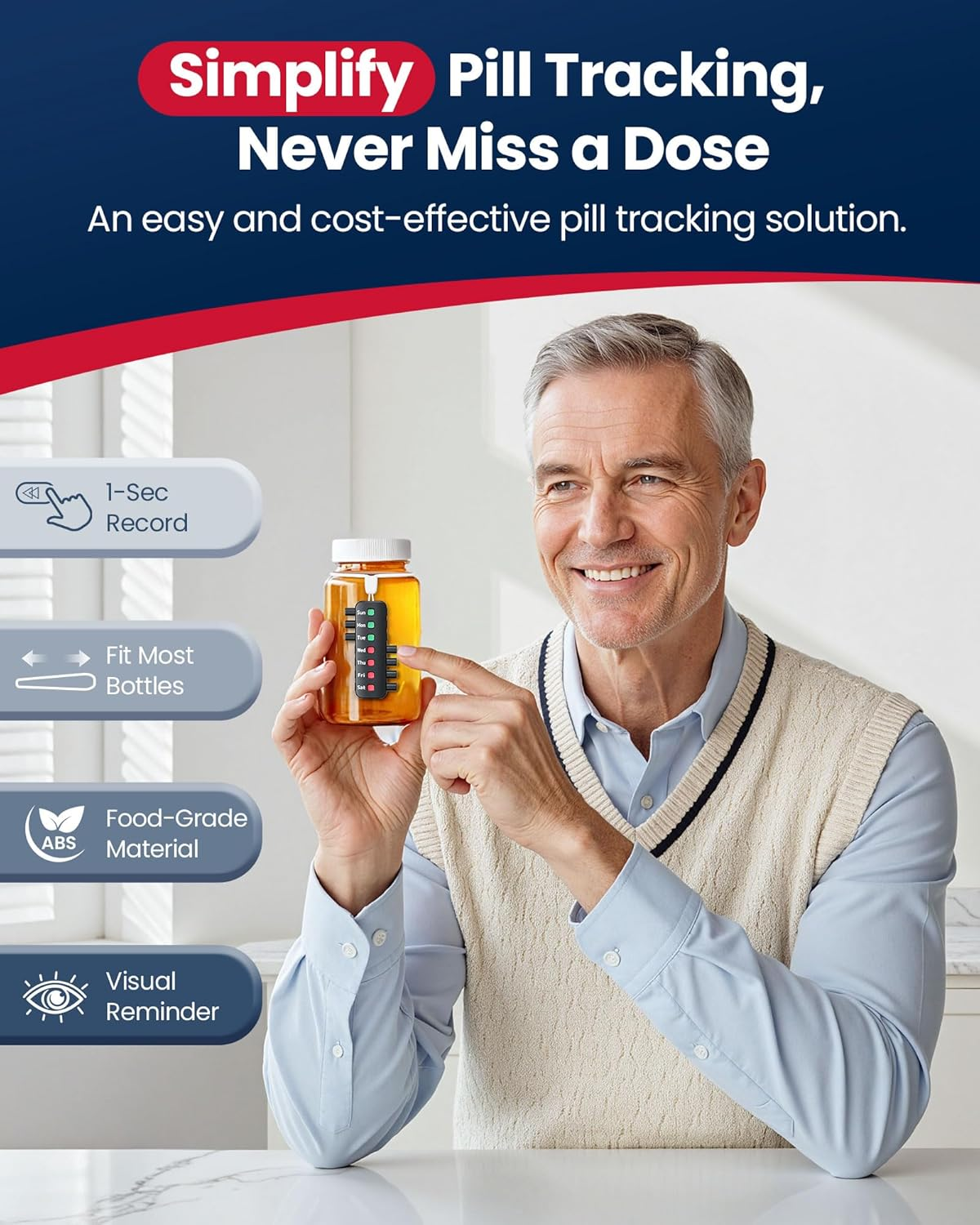 Reusable Pill Reminder for Different Bottles, Arthritis-Friendly Pill Tracker for Easy Use, No Refill Needed, Anti-Slide Medication Tracker, Compact Medication Reminder, Black, 2 Packs image number 3