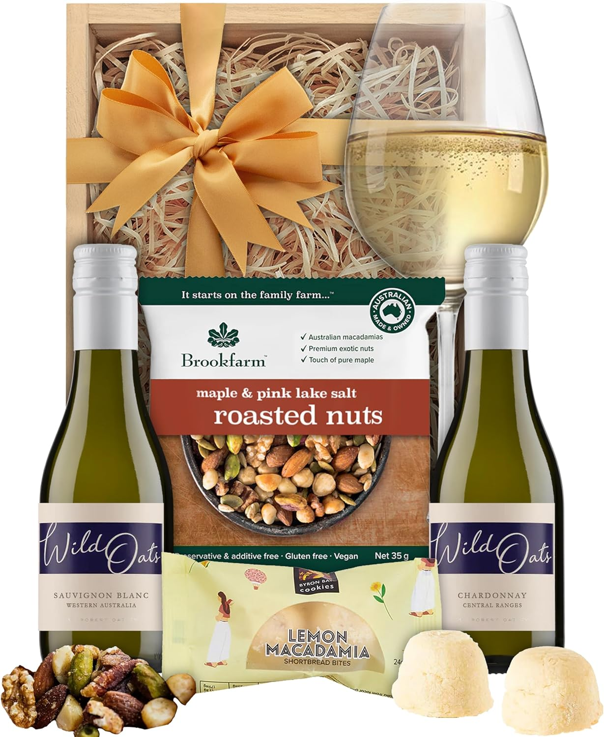 A Little Luxury Wild Oats Piccolo Wine Gift Hamper: Shiraz & Cabernet Merlot or Sauvignon Blanc & Chardonnay, Byron Bay Lemon Macadamia Cookies & Brookfarm Oven Roasted Premium Nuts Entertainer Mix (187Ml, Sauvignon Blanc & Chardonnay) image number 2