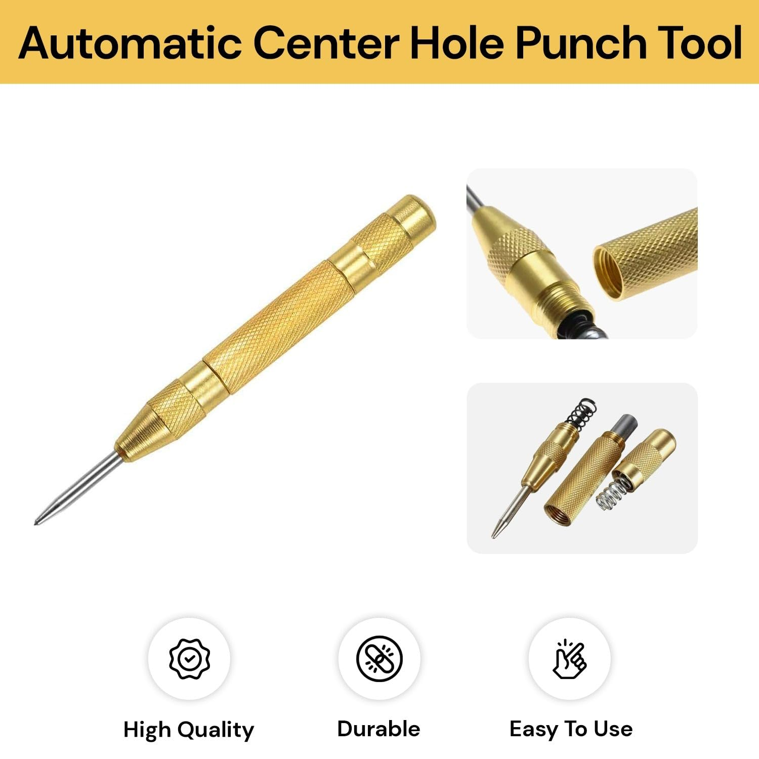 EZONEDEAL Automatic Center Punch - 5 Inch Brass Spring Loaded Center Hole Punch with Adjustable Tension, Hand Tool for Metal or Wood (2 Pack)