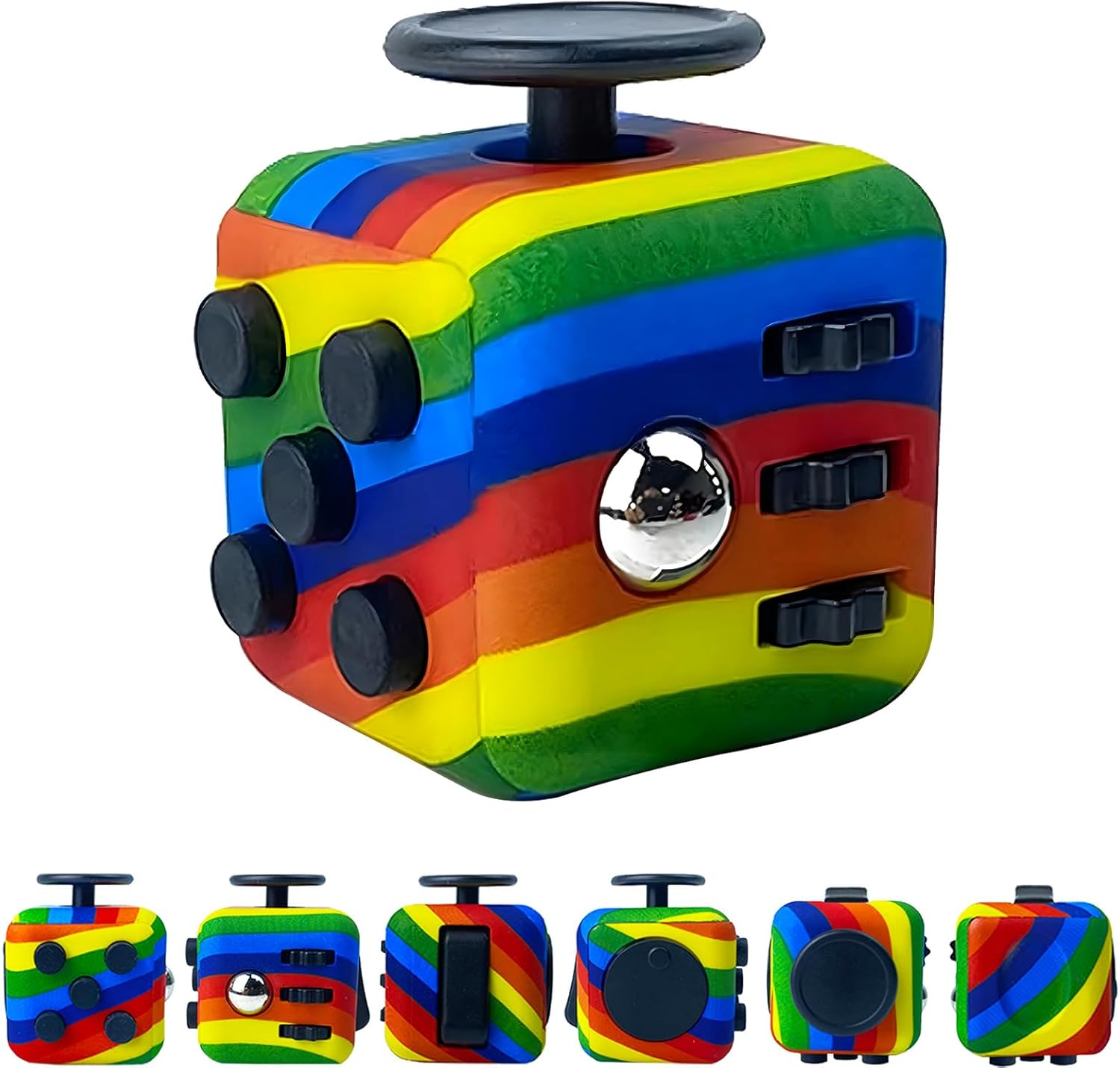 Rainbow Fidget Cube with 6 Sides Stress Relief Fiddle Toys Autism Sensory Fidget Toys for Adults and Kids