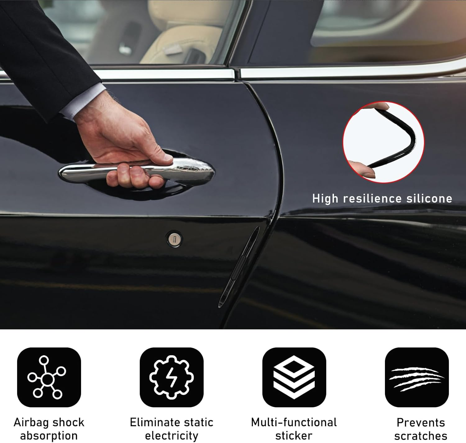 2 PCS Car Door Edge Guard Protectors, Anti-Collision Silicone Side Door Edge Sticker Strips, Electrostatic Eliminating Strip with Air Bags, Universal Auto Body Accessories (Black)