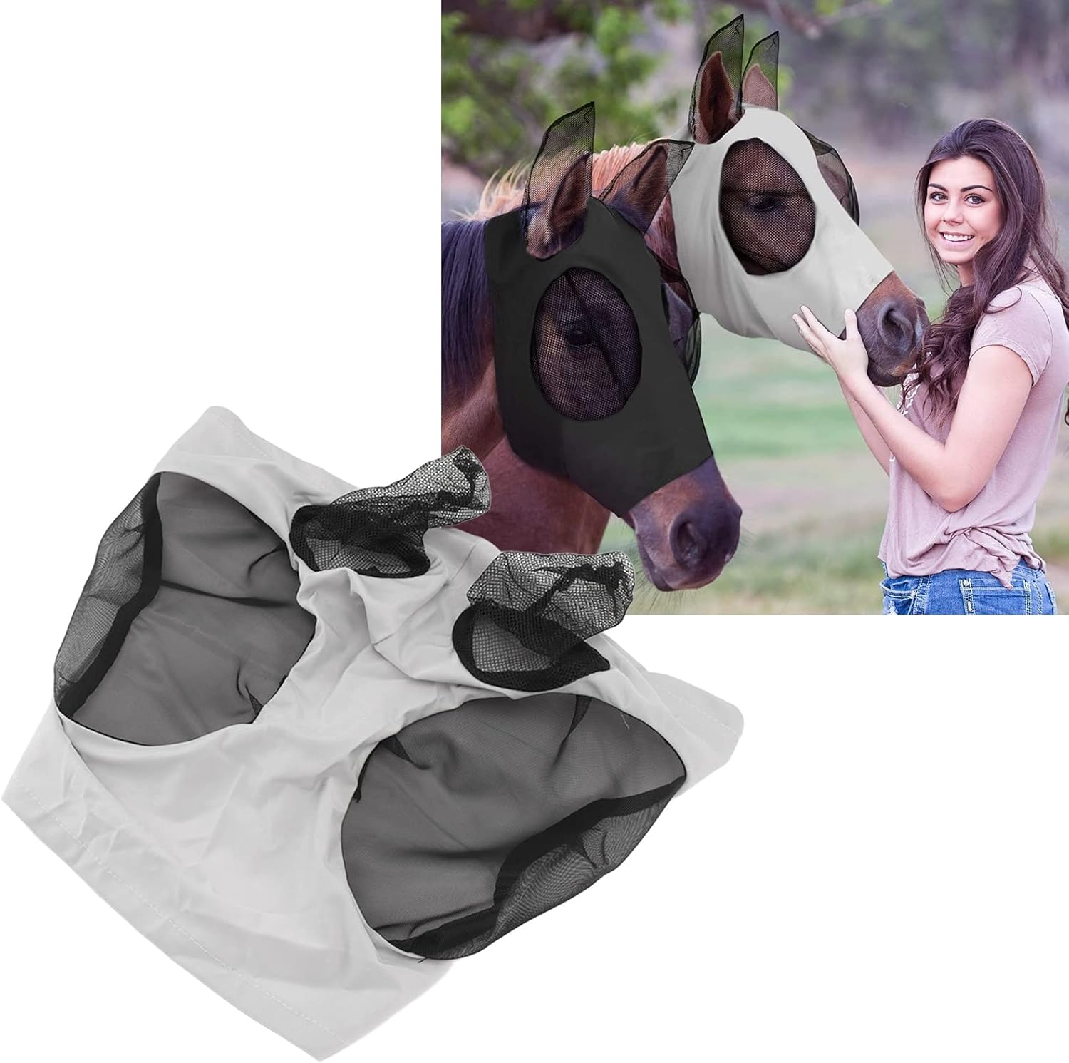 Breathable Horse Mesh Fly Mask with Ears, Elastic Equestrian Face Mask for Horses, Sunlight Protection & Fly Protector (Gray) image number 3