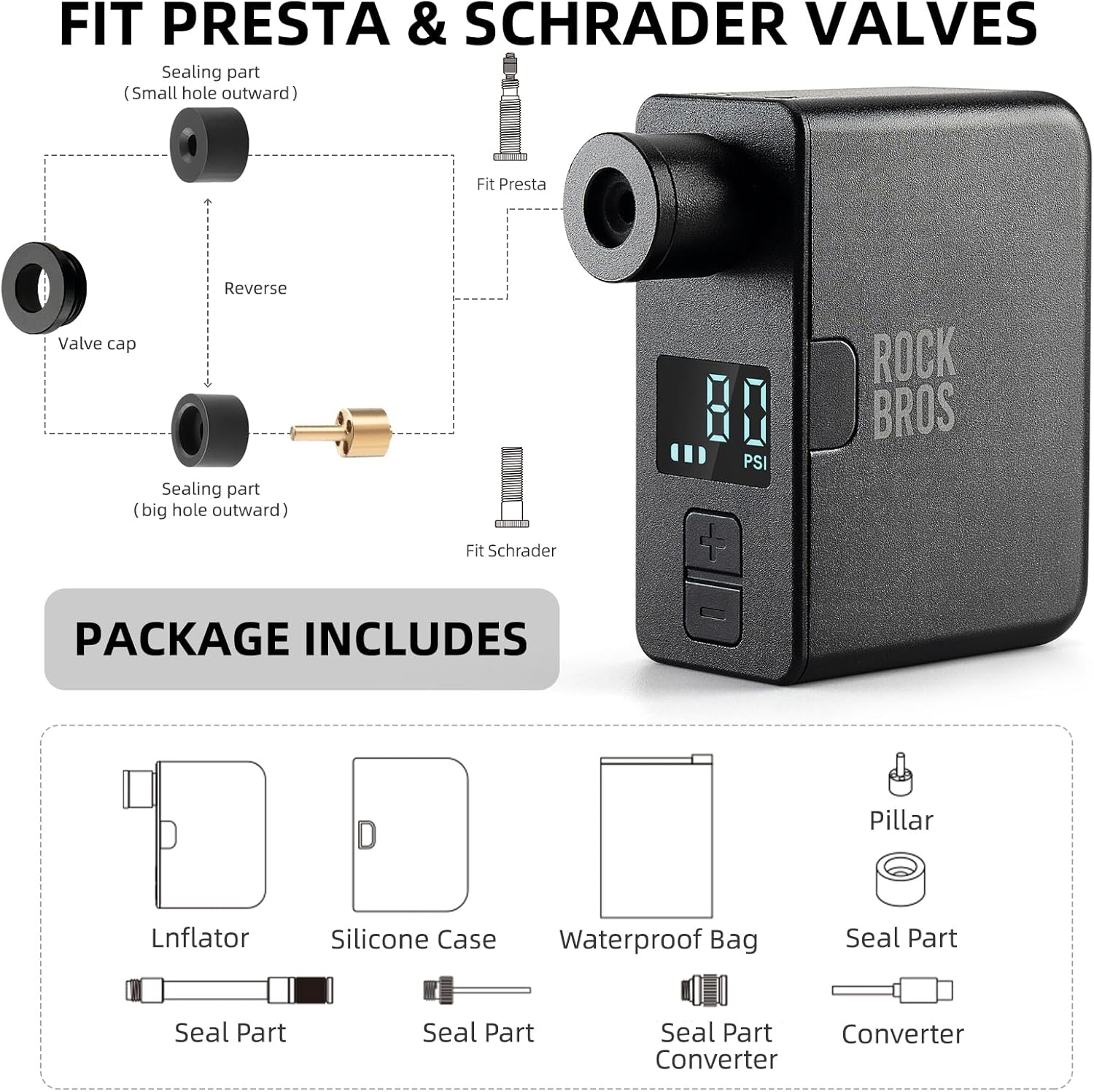 ROCKBROS Mini Bike Pump Portable Electric Bicycle Pump100Psi Tiny Bike Air Pump Tire Inflator Type-C Rechargeable Battery with Presta Schrader Valve, Cycling Gifts for Men Women - Black-120Psi (Led Screen) image number 4