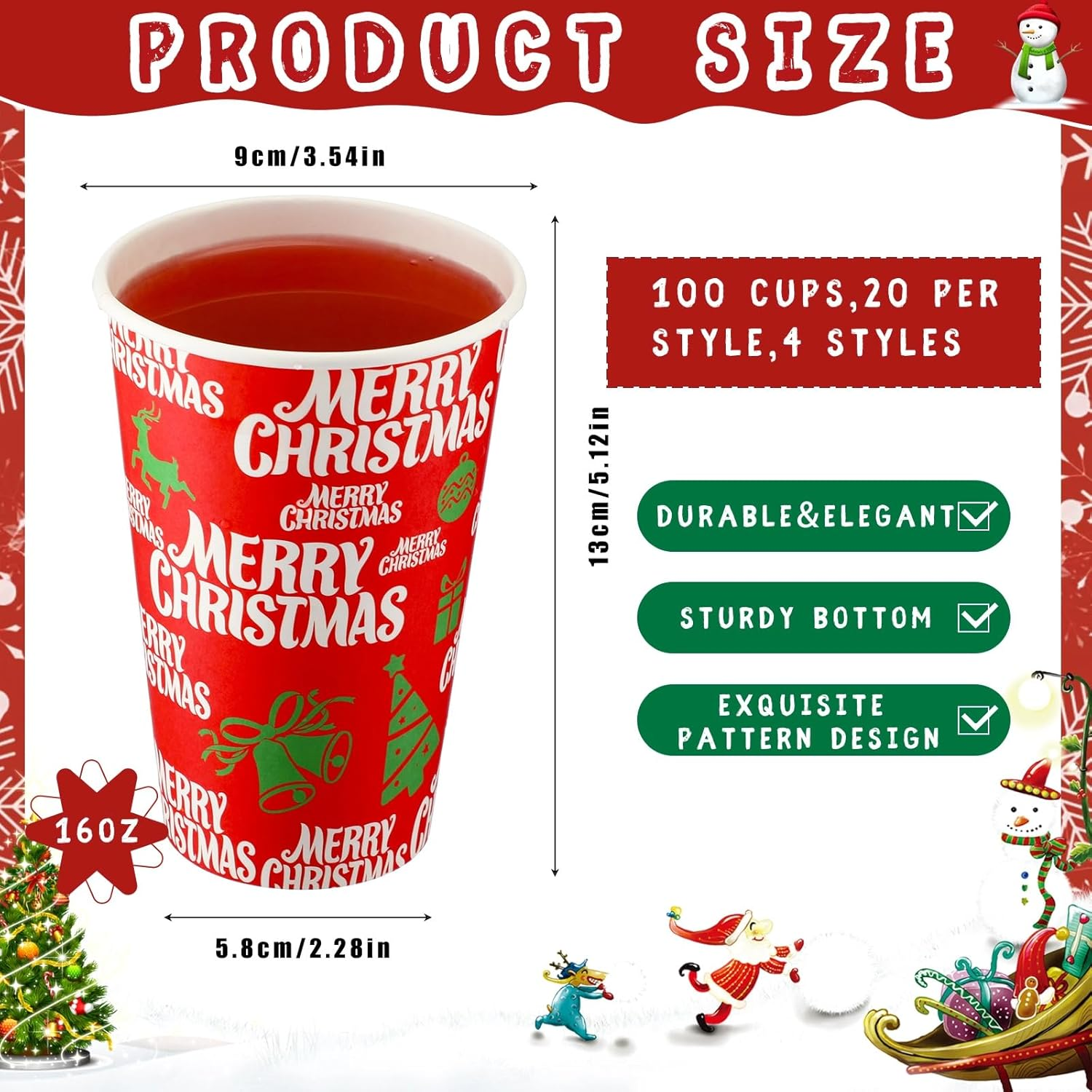 Zhehao 100 Pcs Christmas Paper Cups with Lids 16 Oz Disposable Hot Chocolate Cups Xmas Hot Cocoa Party Supplies for Coffee Tea Water Hot Cold Beverages image number 1