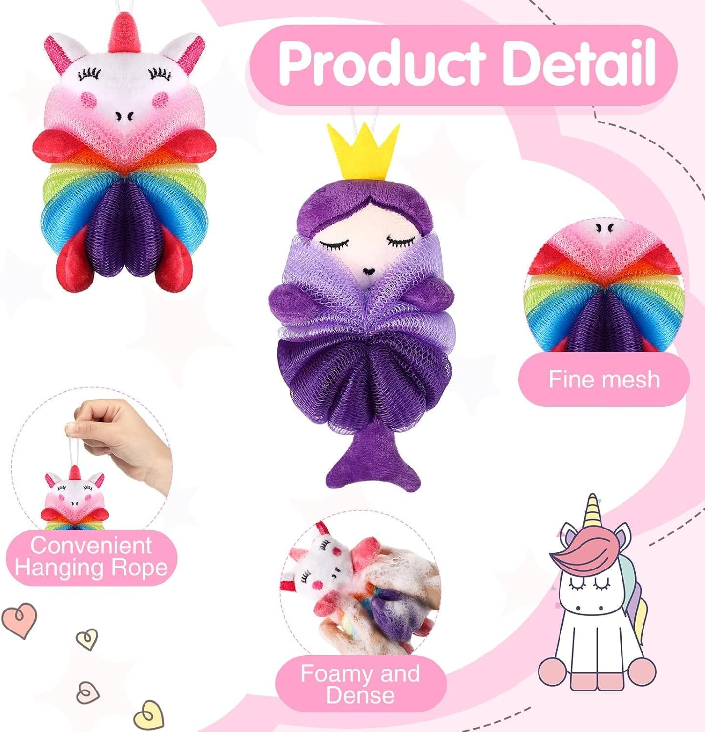 2 Pcs Bath Loofahs for Kids and Toddlers, Cute Cartoon Mesh Body Sponges, Gentle Shower Scrubber for Children, Exfoliating Pouf (Unicorn, Princess) image number 5