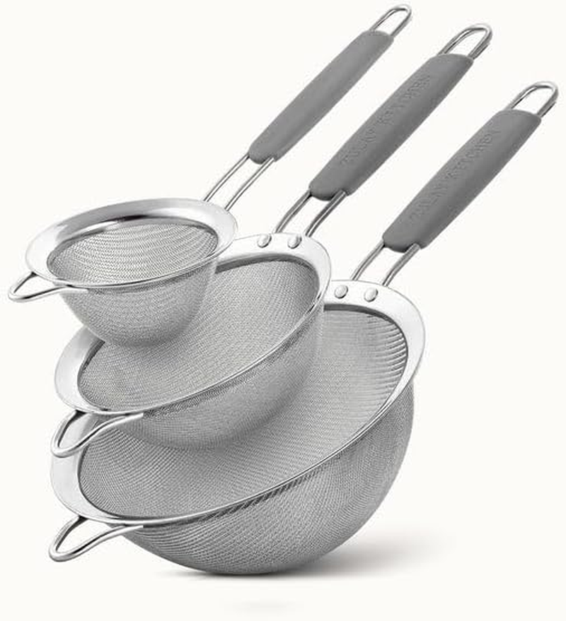 E Eleen Stainless Steel Strainer | Set of 3 Kitchen Strainers Available Sizes (S,M,L) | Perfect Strainers for Kitchen Use (Black Handle Pack of 3)