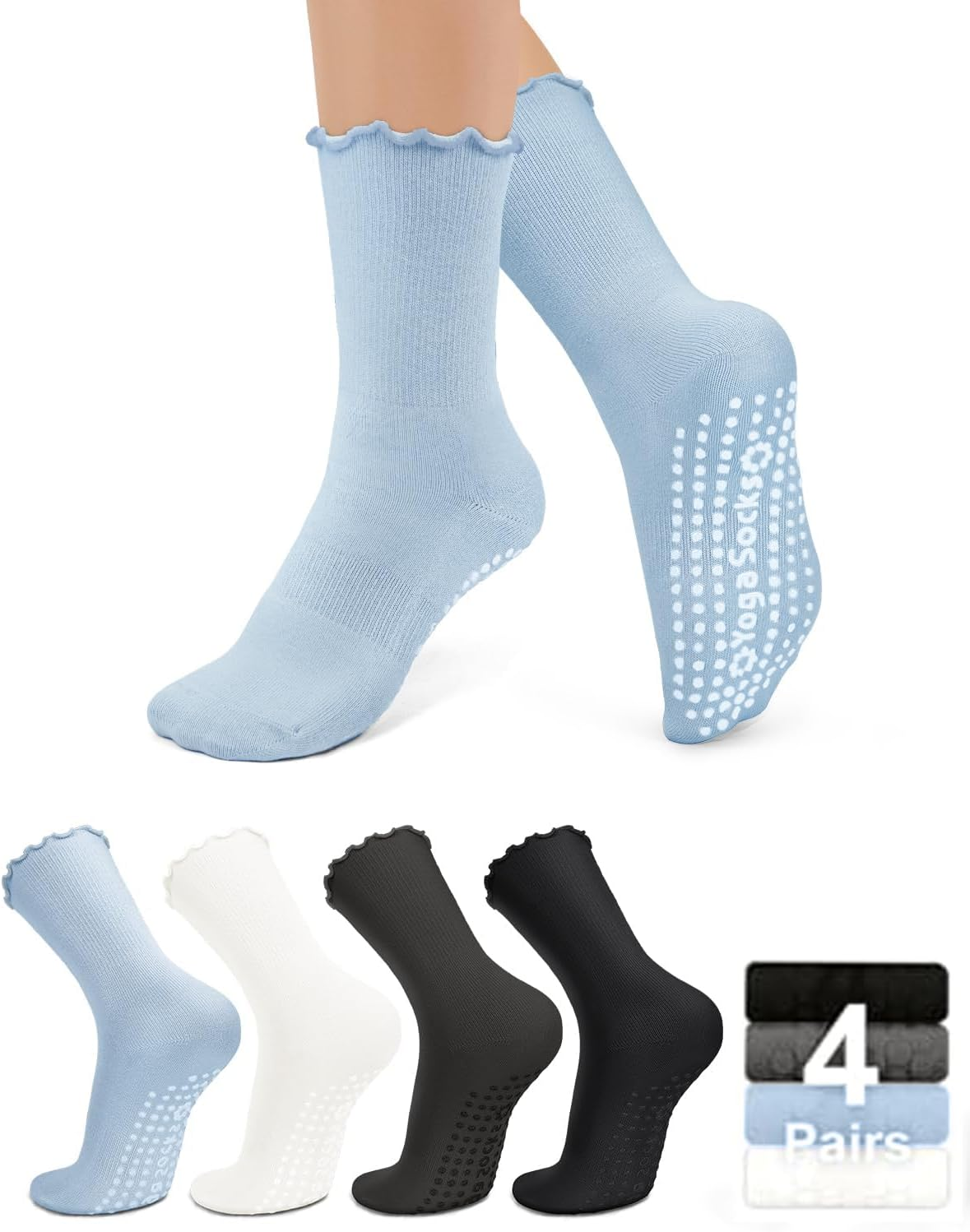 ZANZER Pilates Women'S Yoga Socks with Non-Slip Grip, Ruffle Swivel Cuff & Crew Design - Anti-Skid Workout Socks (Blue+White+Dark Gray+Black) image number 1