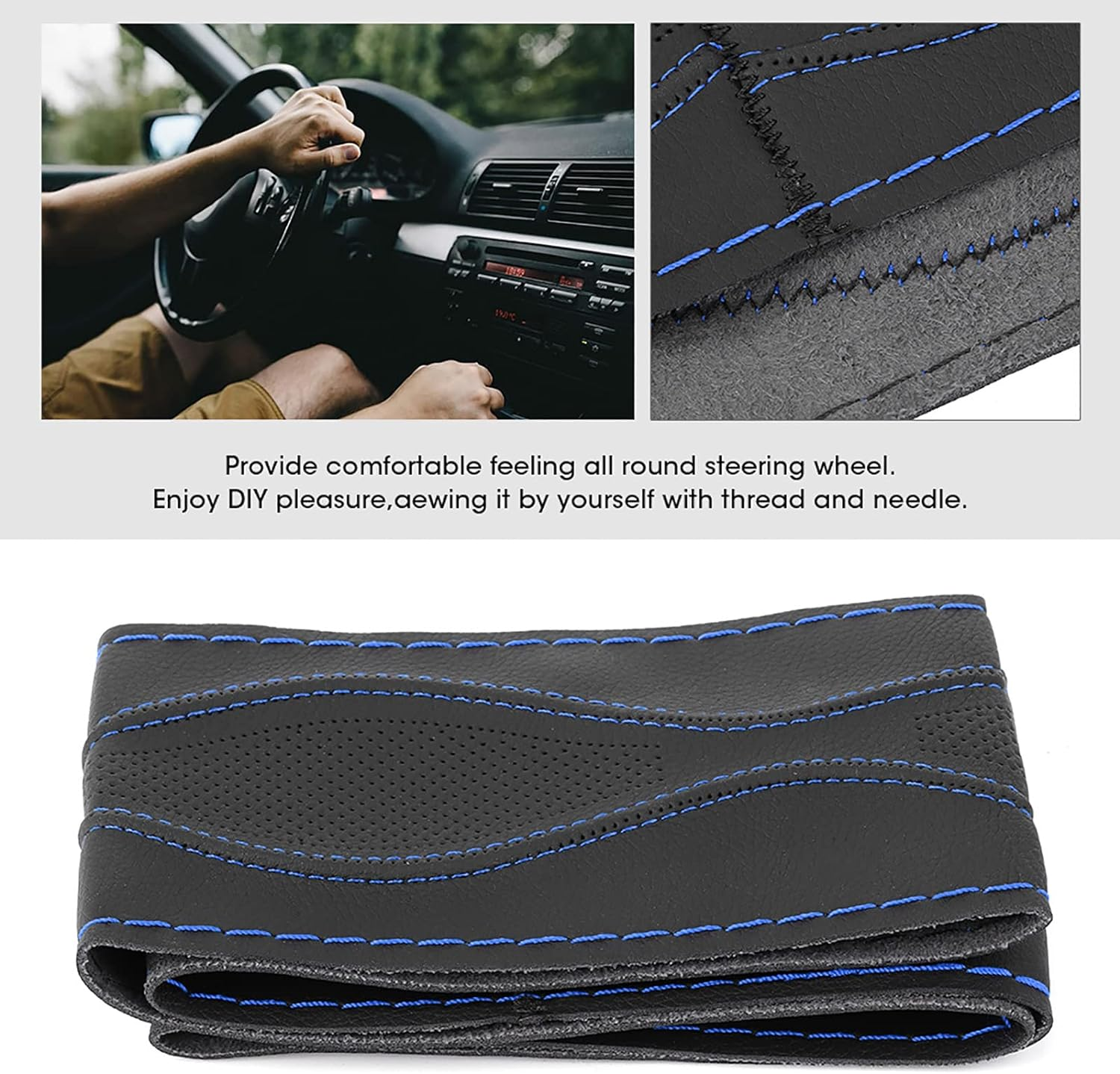 38Cm/15In Leather Steering Wheel Wrap Cover Lace Up, Steering Wheel Stitch on Wrap Cover Universal, Hand Stitching Embossing with Thread, a Whole Piece of Cowhide, Black (Black Blue) image number 3