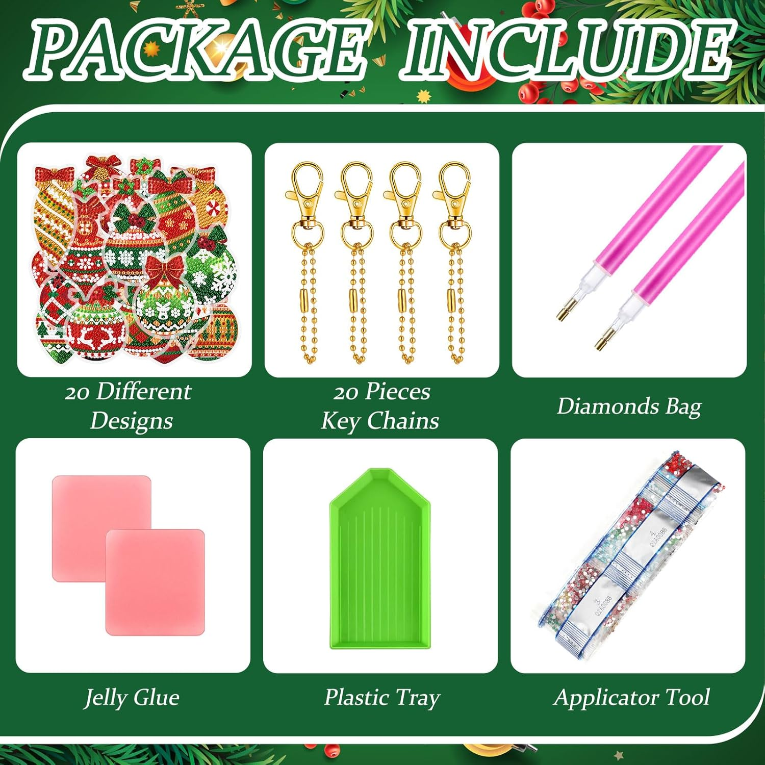 Tondiamo 20 Pcs Christmas Diamond Painting Keychain Kits 5D DIY Diamond Art Pendants Double Sided Hanging Key Chains for Christmas Party Decoration Diy(Balls Style) - Balls Style image number 2