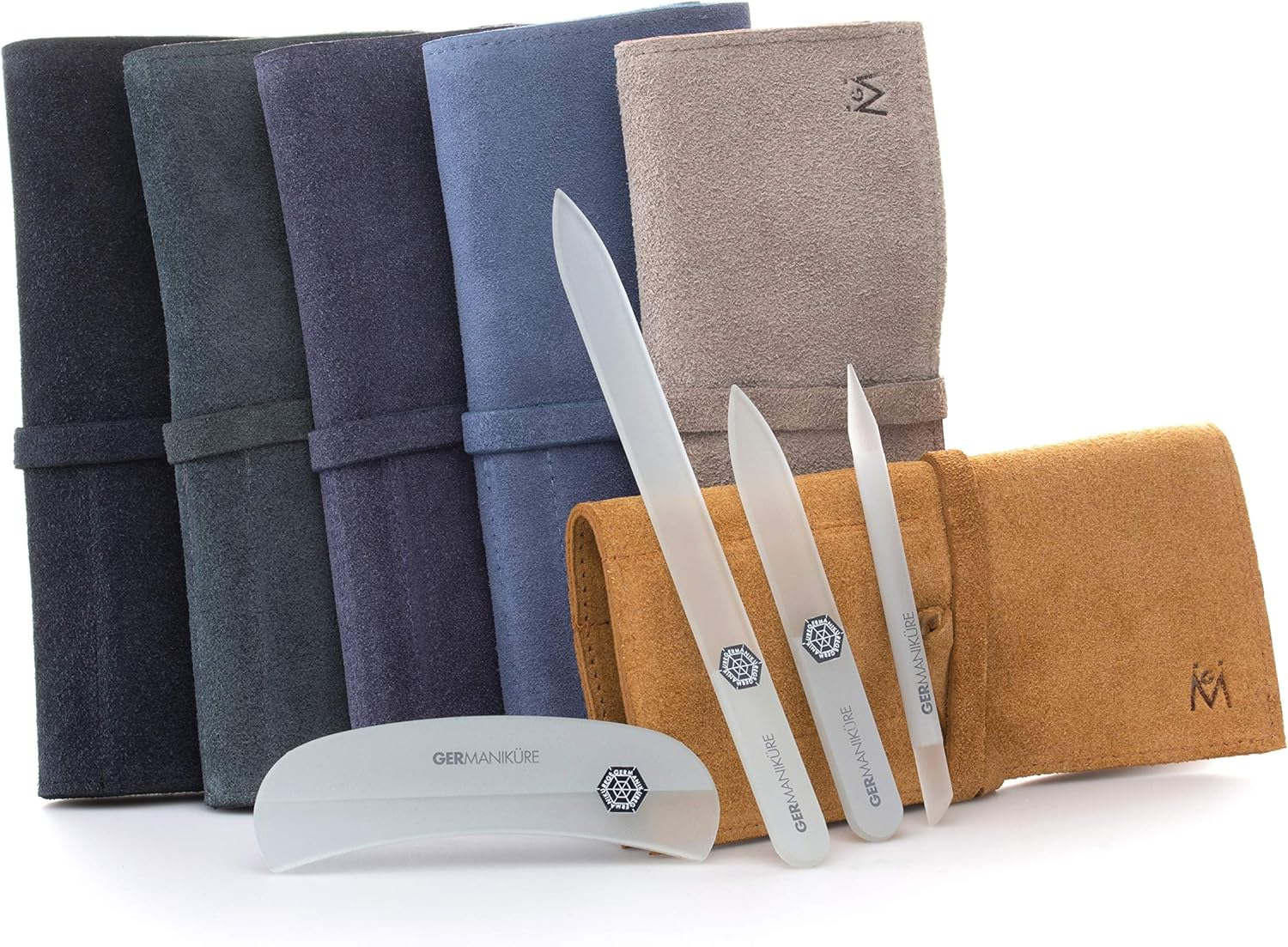 GERMANIKURE Gray Crystal Glass Nail File Set in Black Suede Case &ndash; Handmade in Czech Republic &ndash; Professional Manicure & Pedicure Supplies &ndash; Glass Cuticle Stick, Pusher, Moon File image number 3