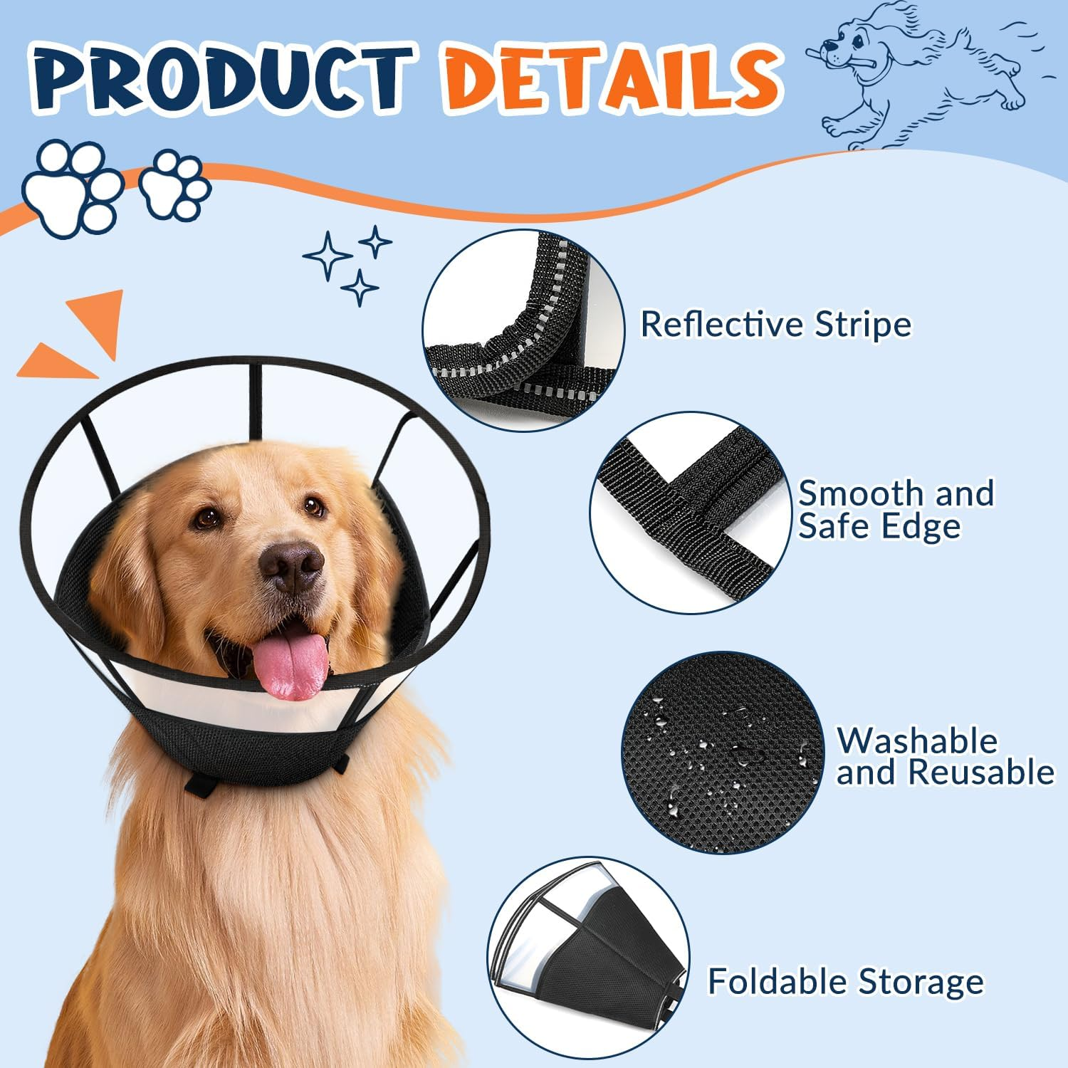 Slowton Soft Dog Cone Collar, Comfy Dog Recovery Collar after Surgery with Reflective Strips, Adjustable E Collar to Prevent Licking Biting, Breathable Elizabethan Collar for Small Medium Large Dogs image number 5