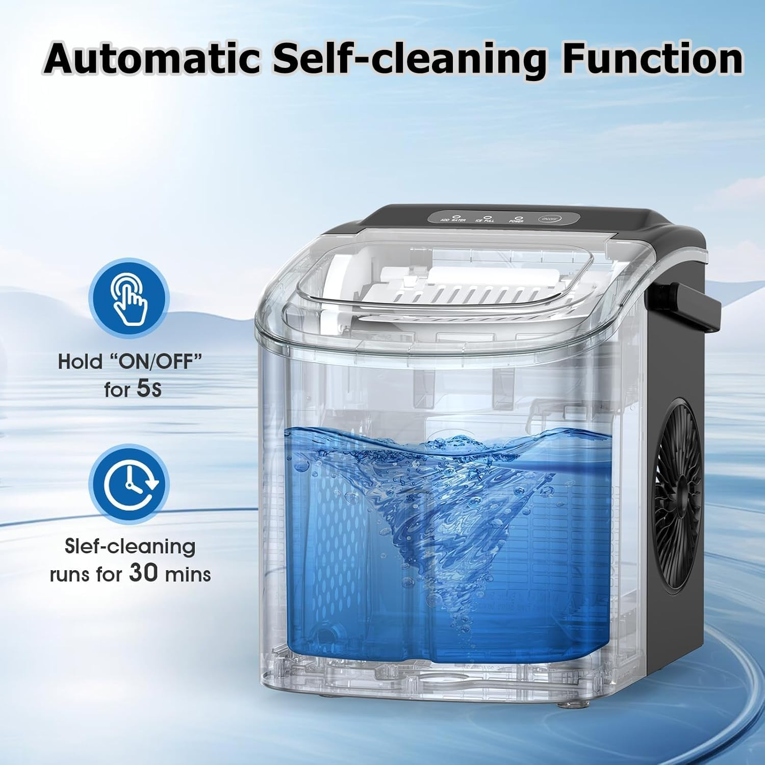 Ice Maker for Countertop, 1.2L 12KG Stainless Steel Portable Icemaker Cube Makers, 26Lbs Ice/24Hrs, with Self-Cleaning Feature, Ice Spoon and Basket, for Home, Kitchen, Camping, Party (Black) image number 3