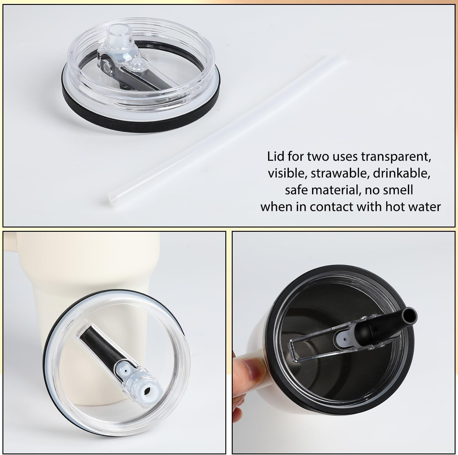 2Pack 40 Oz Tumbler Lid Replacement, Compatible with Stanley Cup,Spill Proof Splash Resistant Tumbler Lids,Tumbler Flip Straw Lid,Replaceble Tumbler Flip Straw Lid,(Beige) image number 2