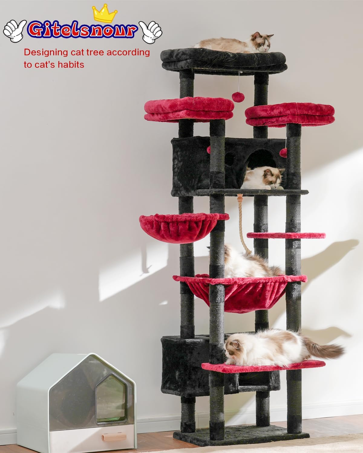 Cat Tree for Indoor Cats Large Adult, 188Cm Cat Tower for with 3 Big Platforms, 2 Baskets, 2 Condos, Multi-Level Cat Scratching Posts, Black and Red GCT030BR - Light Gray image number 4