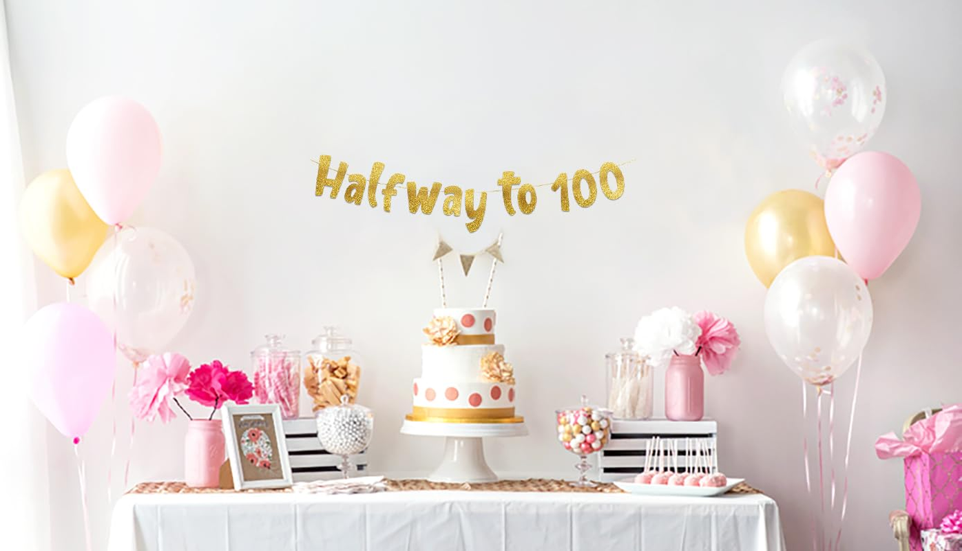 Halfway to 100 Gold Glitter Banner - Happy 50Th Birthday Party Banner - 50Th Birthday Party Decorations and Supplies - 50Th Wedding Anniversary Decorations image number 6