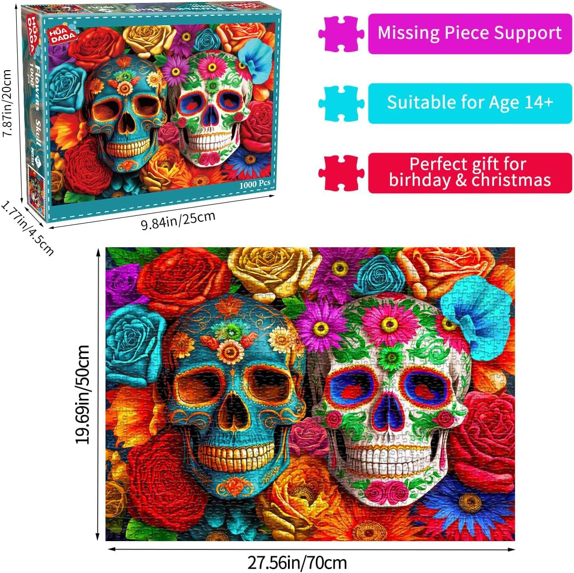 HUADADA Jigsaw Puzzles for Adults 1000 Pieces, Puzzles for Adults 1000 Piece, Challenging Game Toys, Impossible Puzzle, Family Decoration Puzzle - Flowers Skull image number 4