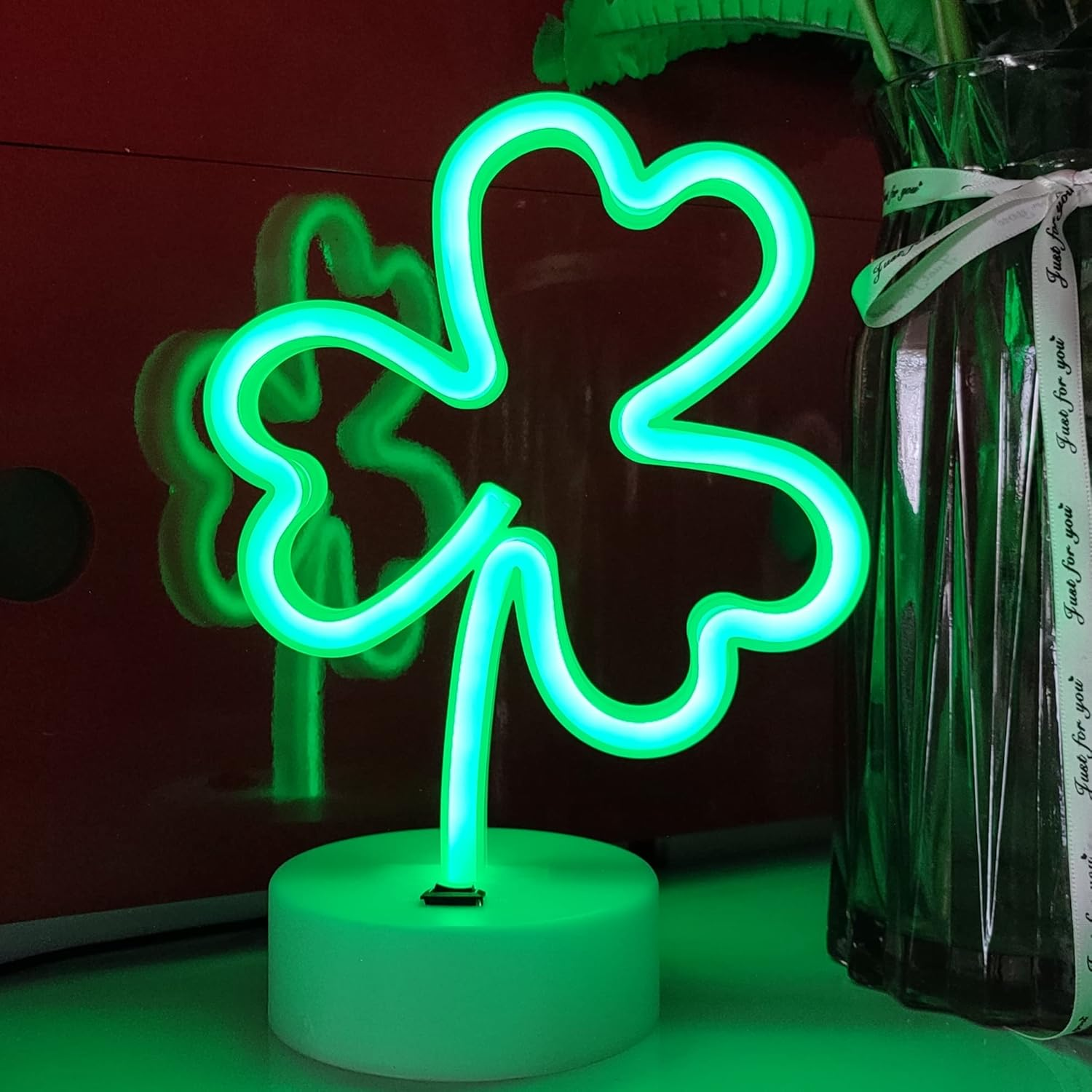 JYWJ Neon Signs with Holder Base,Usb or 3-AA Battery Powered Neon Light,Led Desktop Wall Decoration,Various Parties,Decoration of Business Premises(Clover) image number 2