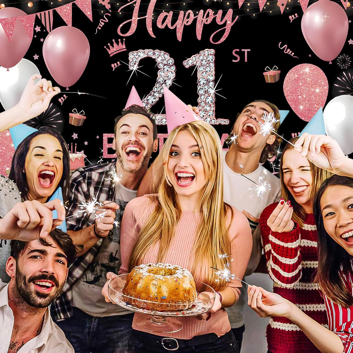 Happy Birthday Banner, 21St Birthday Decorations Backdrop, Extra Large Black Pink Party Decorations, Perfect Birthday Party Supplies Photography Background for Boys, and Grils, 180X110Cm