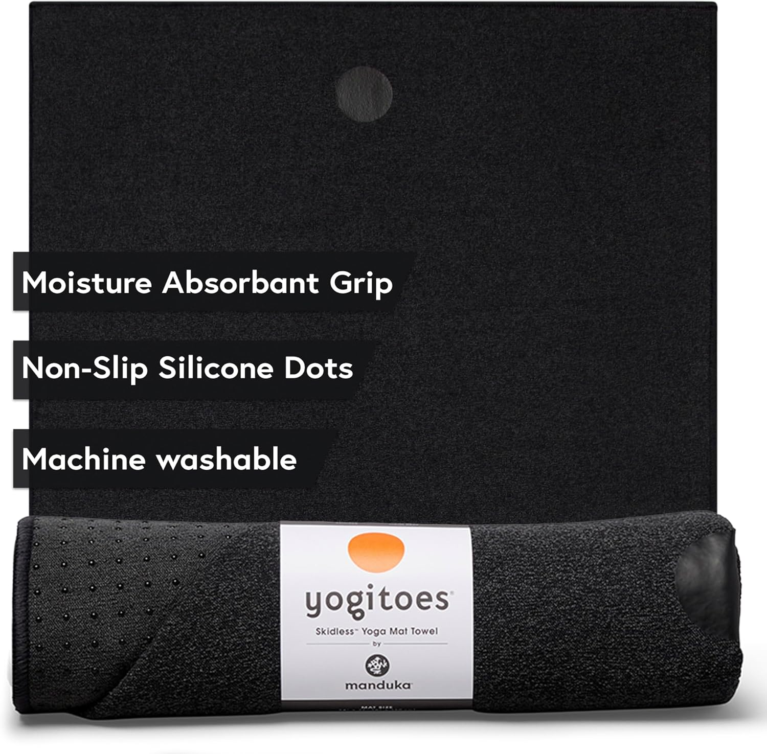 Yogitoes Manduka Yoga Towel for Mat Nonslip and Quick Dry for Hot Yoga with Rubber Bottom Grip Dots 72 Inch Long Onyx Thin and Lightweight (262023001)