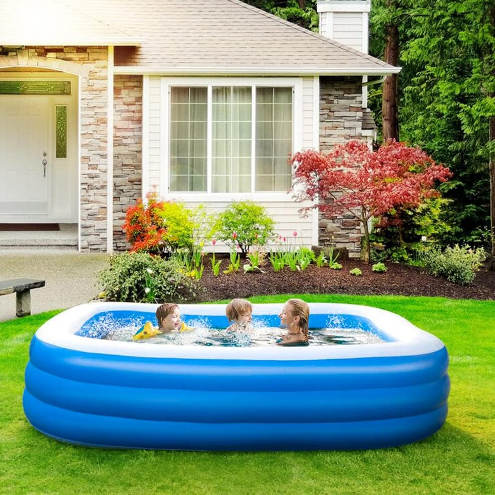 GALAXYER above Ground Inflatable Paddling Pool, 3 Rings Large Rectangular Family Toddler Swimming Center, Indoor Outdoor Garden, 205 &times; 125 &times; 50 CM