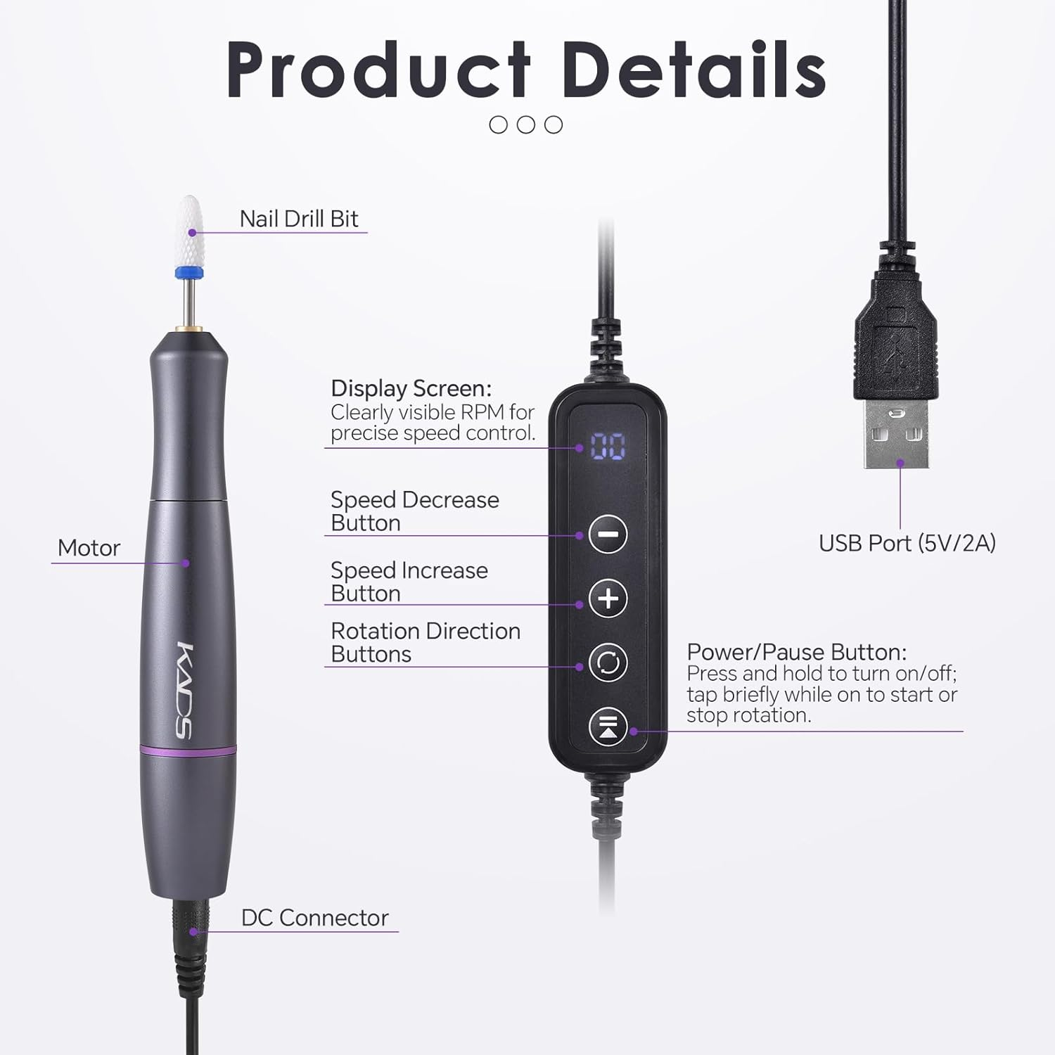 Electric Nail Drill Machine Kit, USB Portable Electric Nail File Efile Set for Acrylic Gel Nails, Manicure Pedicure Tool with Nail Drill Bits Sanding Bands image number 3