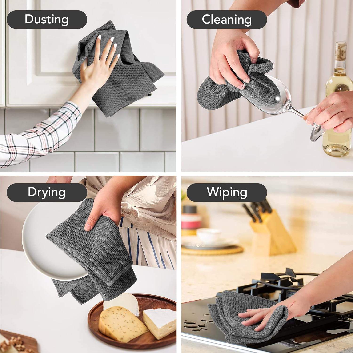 PY HOME & SPORTS 8 Pack Cotton Waffle Weave Kitchen Towels 17 X 25, Super Absorbent Kitchen Hand Dish Cloths for Drying and Cleaning (Dark Grey) - Dark Grey image number 4