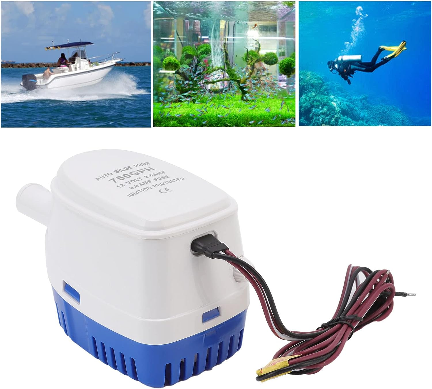DC Submersible Water Pump, Automatic Submersible Boat Bilge Water Pump with Float Switch, Small Size, Span Integrated Multifunctional, Marine Electric Bilge Pump for Aquariums (12V)