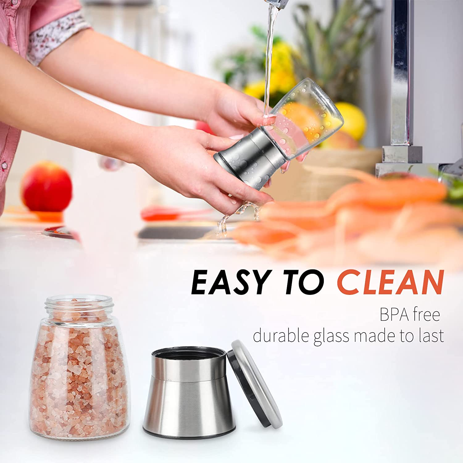 Salt and Pepper Grinder Set - Refillable Grinder Adjustable Coarseness of Pepper Salt Spice Stainless Steel Mills Glass 6Oz（2 Pack） image number 3