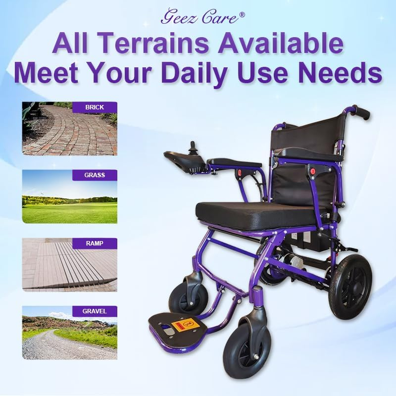 Electric Wheelchair Lithium-Powered Lightweight Foldable - Geezcare Motorized for Adult Seniors, 500W Power - 23Kg Weight with Battery - Airline (MSDS) and Cruise Approval with Aluminium Frame, Detachable Battery & Liftable Armrest -Thick Cushion Seat- Compact Comfort in Purple & Black (Purple) image number 5