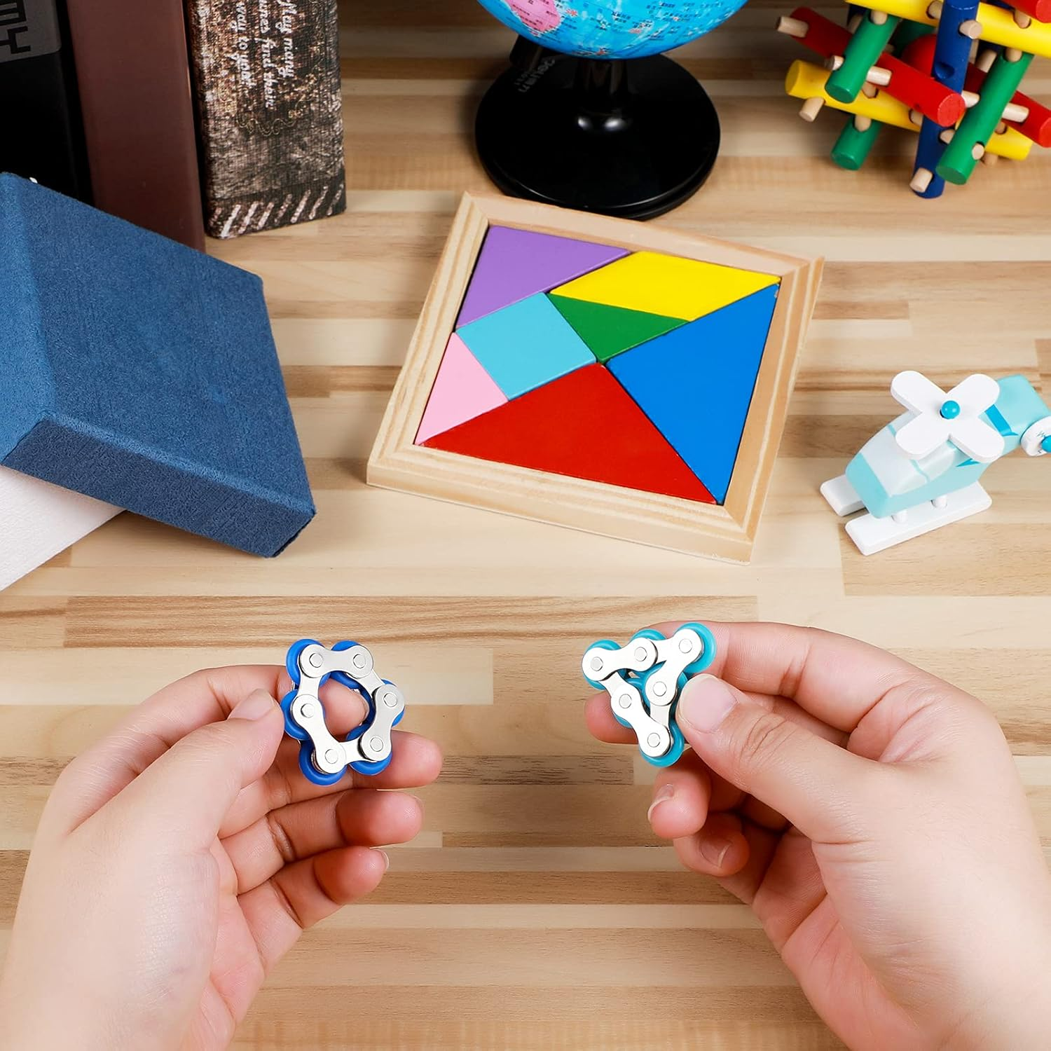 2 Pieces Fidget Toys Flippy Roller Chain, Six Roller Chain Fidget Toys Bike Chain Toys Novelty Stress Relief for Adults Teens Anxiety Autism, ADHD (Dark Blue, Sky Blue) - Black,Blue image number 7