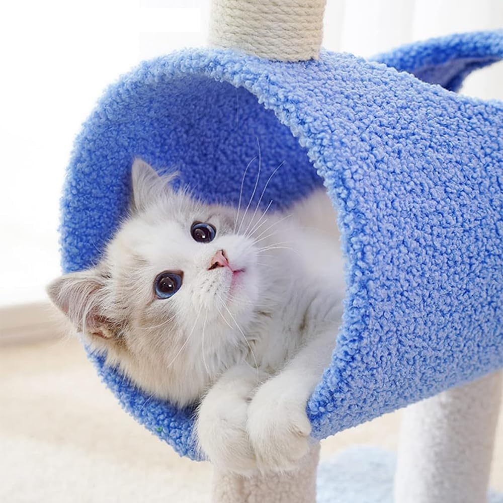 Small Indoor Cat Tree Condo with Sisal Scratching Posts &ndash; Blue Climbing Tower, Hanging Ball, Cozy Bed, Kitty Activity Playhouse for Kittens & Cats image number 6