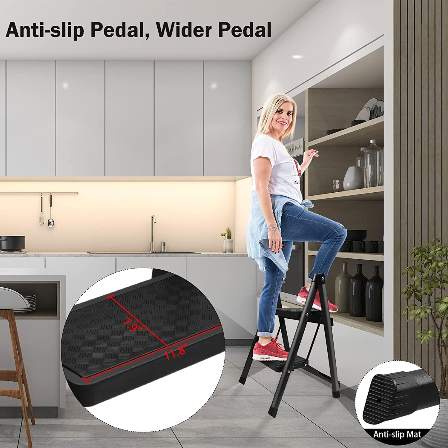 2 Step Stool Step Ladder Folding for Kitchen Home Closet Heavy Duty Adults Foldable Small Stepladder Lightweight Little Two Stepstool Collapsible Stepladders Portable Stepping Stool Black (2-Step) image number 3