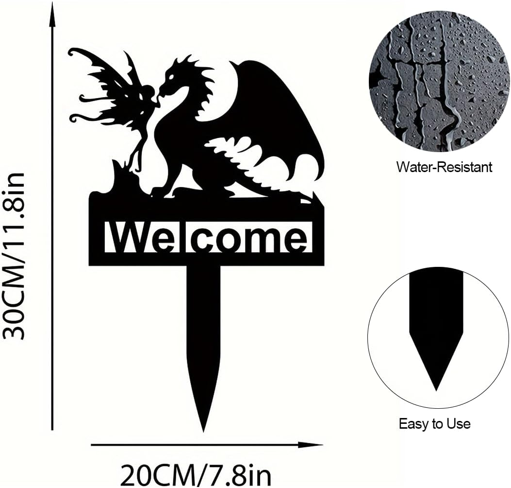 Metal Welcome Stake Garden Sign,Cute Fairy Dragon Metal Decor for Outdoor Yard Art, Garden Decor,Lawn Ornaments
