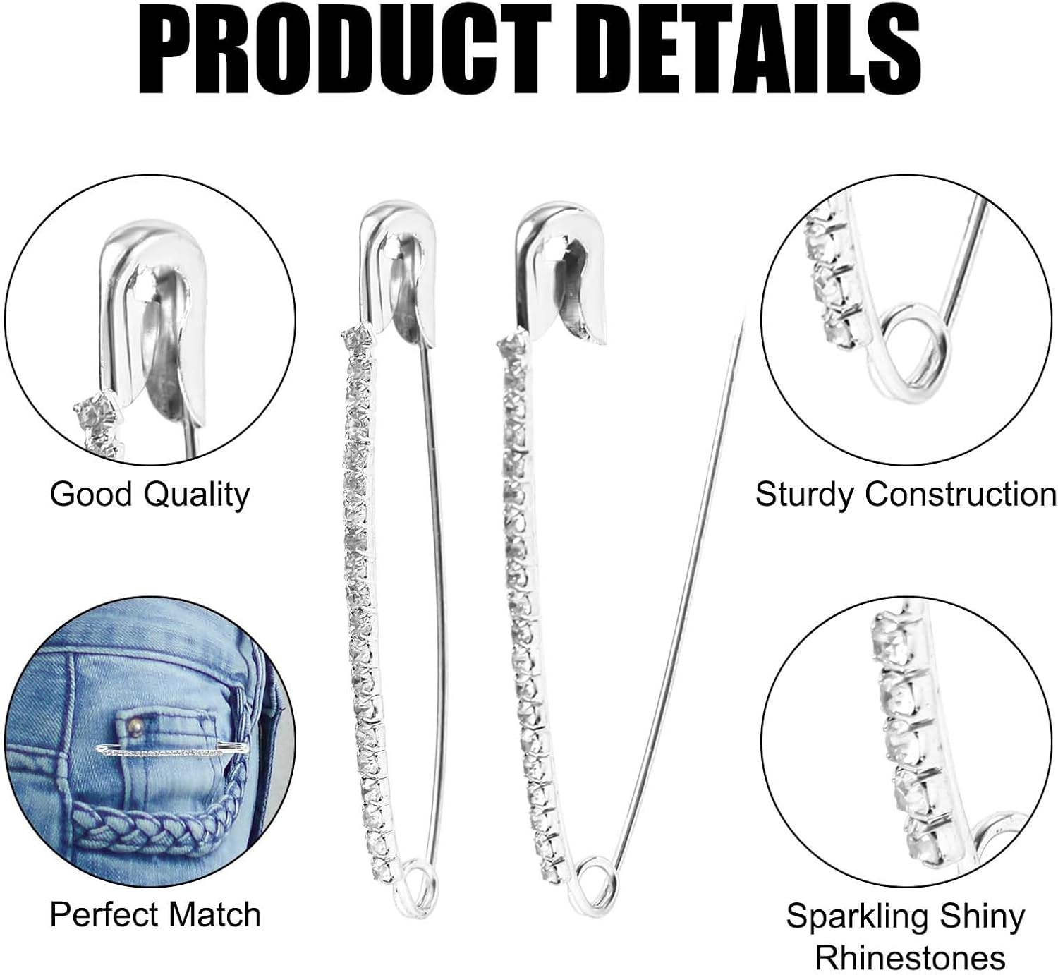 26Pcs Rhinestone Safety Pins, Basting Pins for Quilting Sewing Safety Pins Quilting Basting Pins Curved Basting Pins Curved Safety Pins for Women Skirts Sweater Scarf (Silver) image number 2