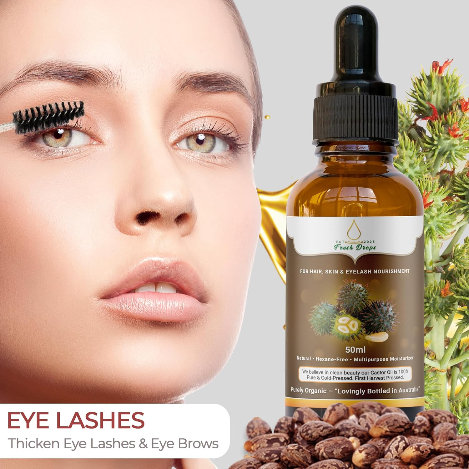 Fresh Drops USDA Organic Castor Oil 250Ml, Pure Cold Pressed, Hexane Free, Fresh Drops - Stimulate Growth for Eyelashes, Eyebrows, and Hair, Smooth Face, and Skin image number 3