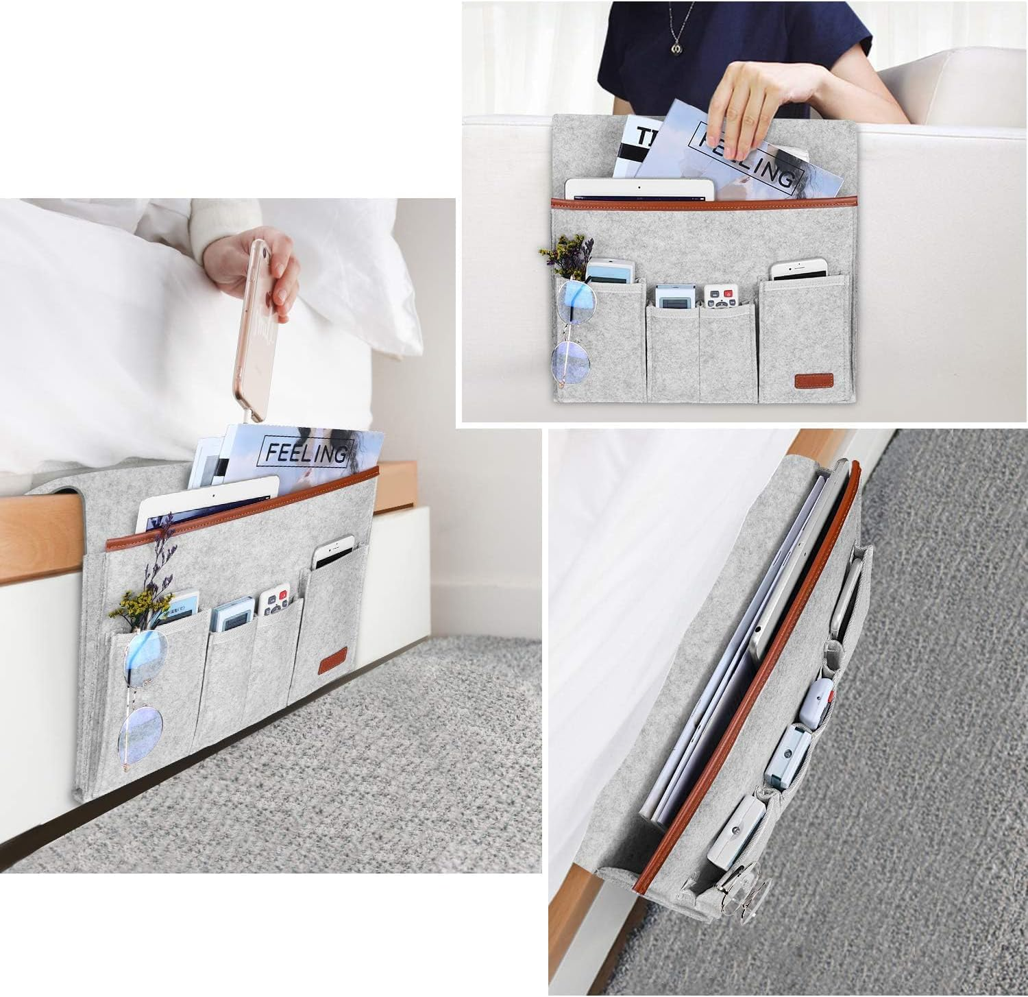 Sofa Armrest Organizer, Hanging Sofa Caddy Storage Bag with Long Flap and Hook, Sofa Remote Control Holder Bag with 5 Pockets for Magazine, Glasses, Tablet, Phone, Ipad, Non-Slip (Grey) - Grey image number 4