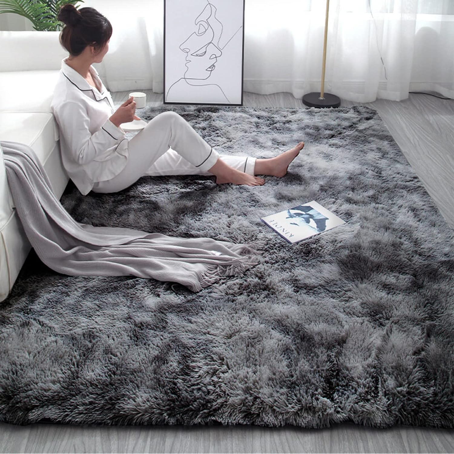 Large Fluffy Area Rugs, Soft Shaggy Rugs Carpets for Living Room Bedroom Dining, 200 X 230Cm Indoor Modern Non Slip Chair Mat Home Decor Carpet Floor Mat, Dark Grey