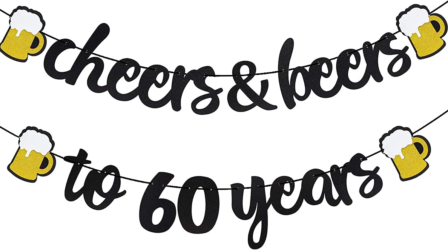 Cheers & Beers to 60 Years Black Glitter Banner for 60Th Birthday Wedding Aniversary Party Supplies Decorations - PRESTRUNG