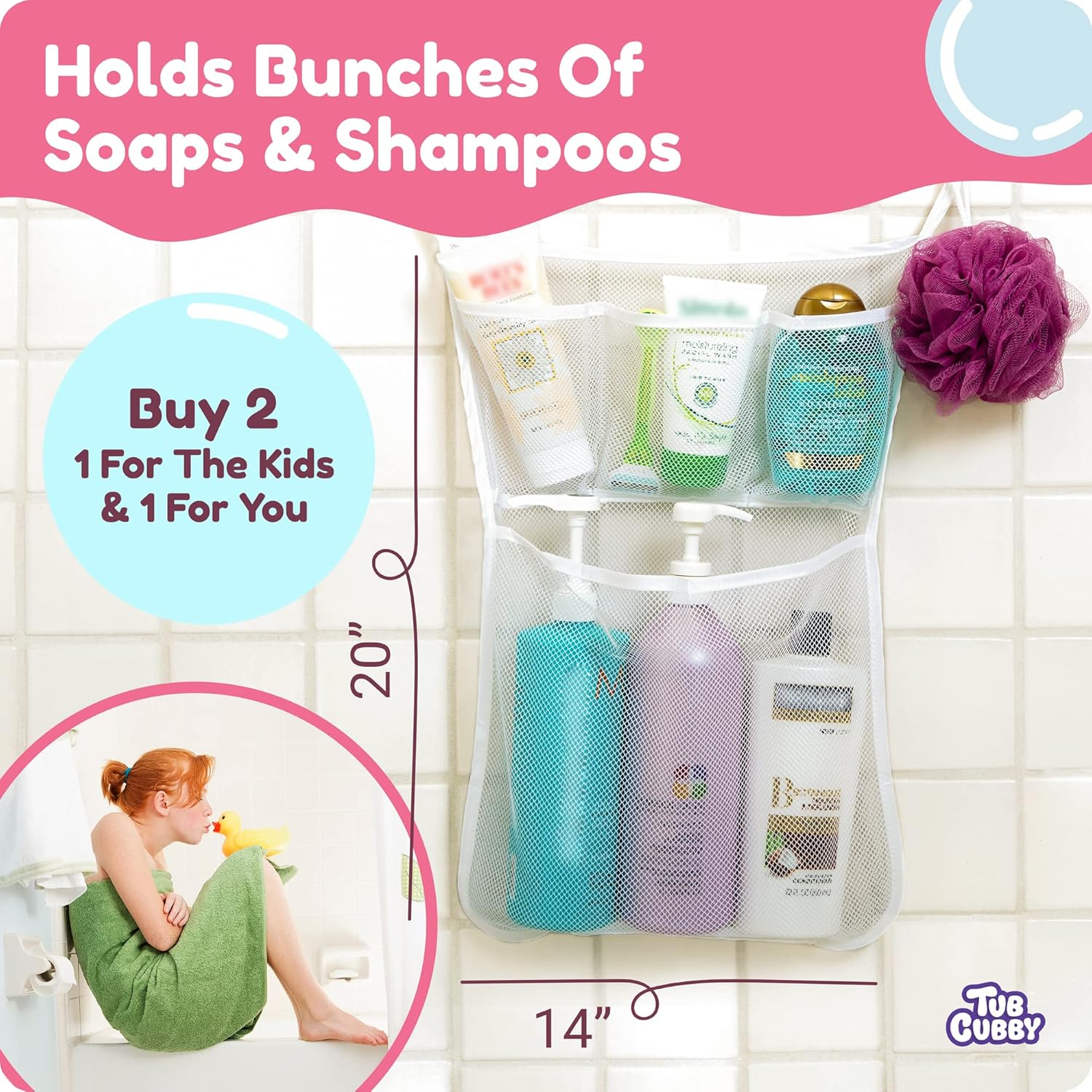 Original Tub Cubby Bath Toy Storage for Baby Toys with Suction & Adhesive Hooks, 14X20 Mesh Net Shower Caddy for Bathtub Toys, 36 ABC Soft Foam Letters & Numbers - Bonus Rubber Duck & Hooks image number 5