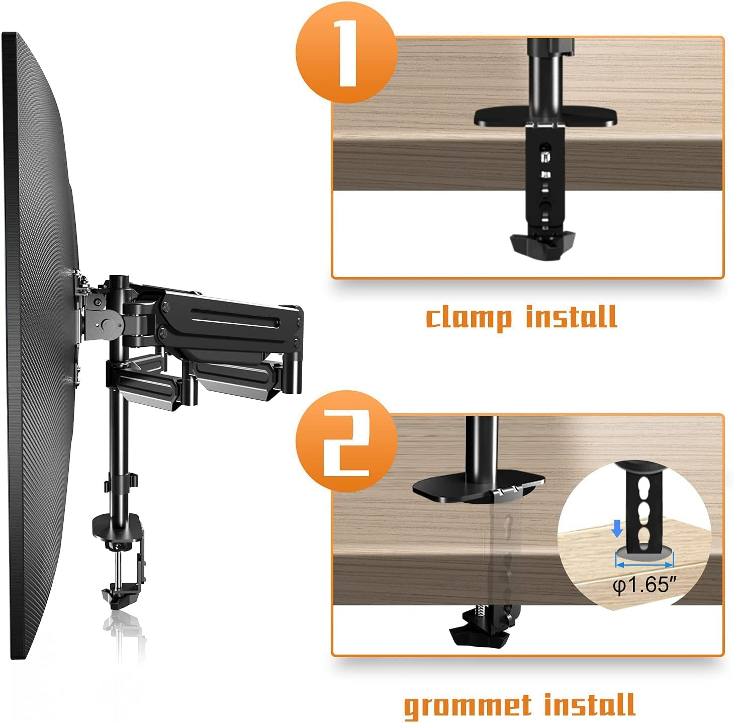 Triple Monitor Stand Mount-Gas Spring Stand with Clamp and Grommet Base, Fully Adjustable Desk Mount Fits Three 17-27 Inch LCD Computer Screens, Each Arm Holds up to 13.2Lbs,(Md8003) image number 5