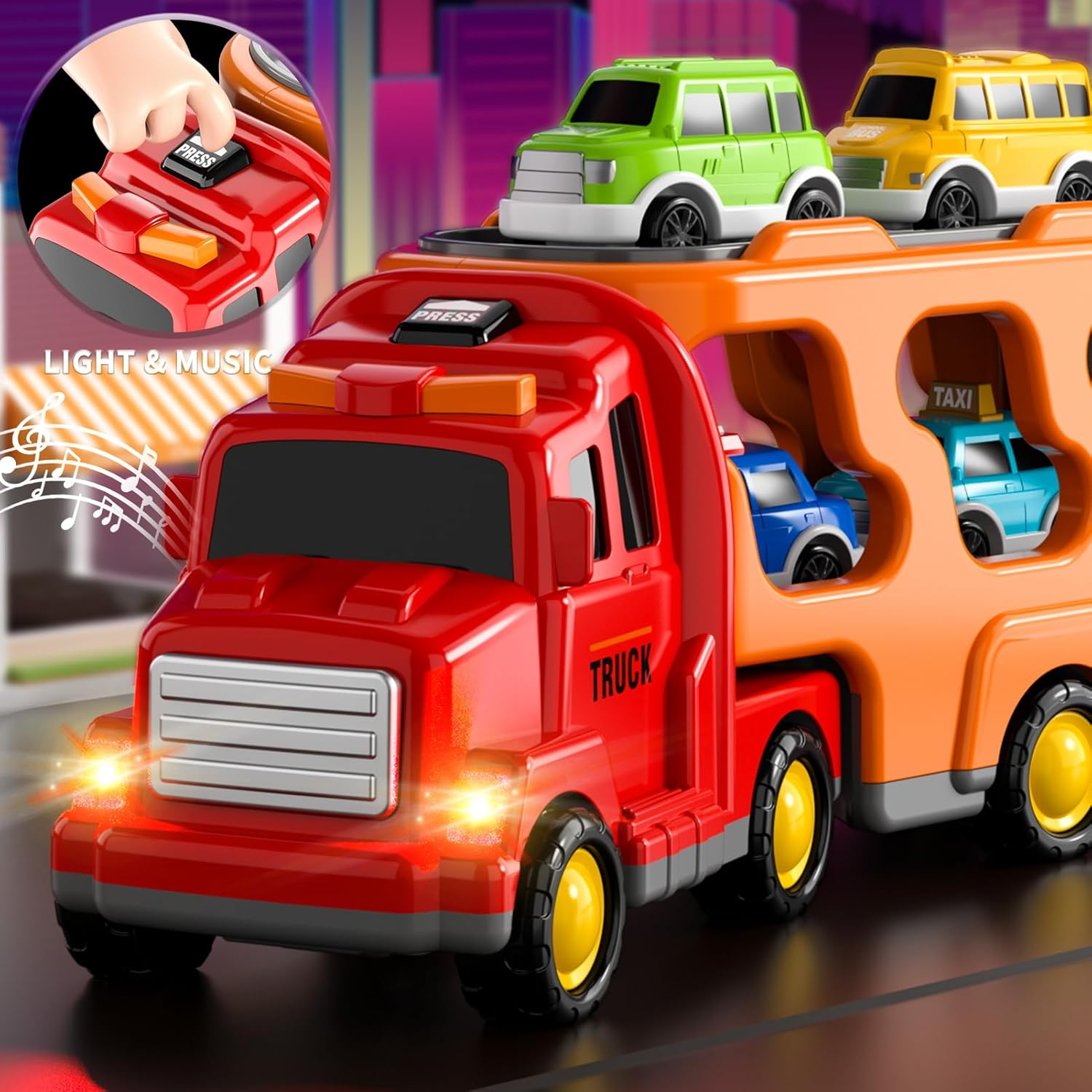 Trucks Cars Toys for 3 4 5 Year Old Boy Toddler, 5 in 1 Carrier Truck Bus Veihicle Playset Boy Toddler Toys with Light Sound, Birthday for Boys Toddlers Kids image number 4