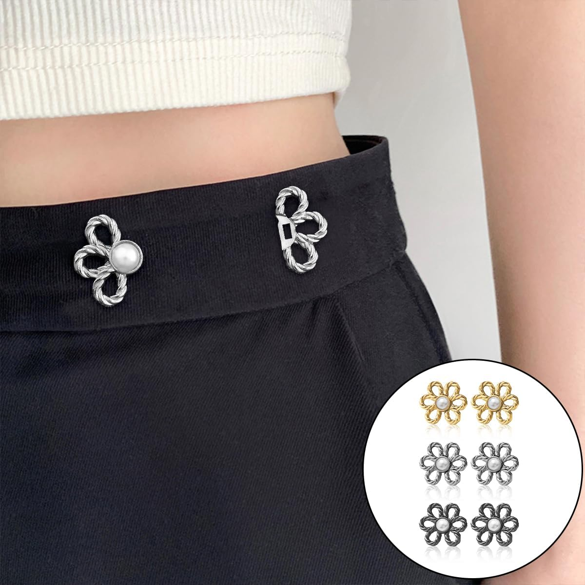 Pant Waist Tightener, 6 PCS Flower Shape Adjustable No Sewing Buttons for Loose Jeans, Pants, Skirts, Sleeves (3 Styles)