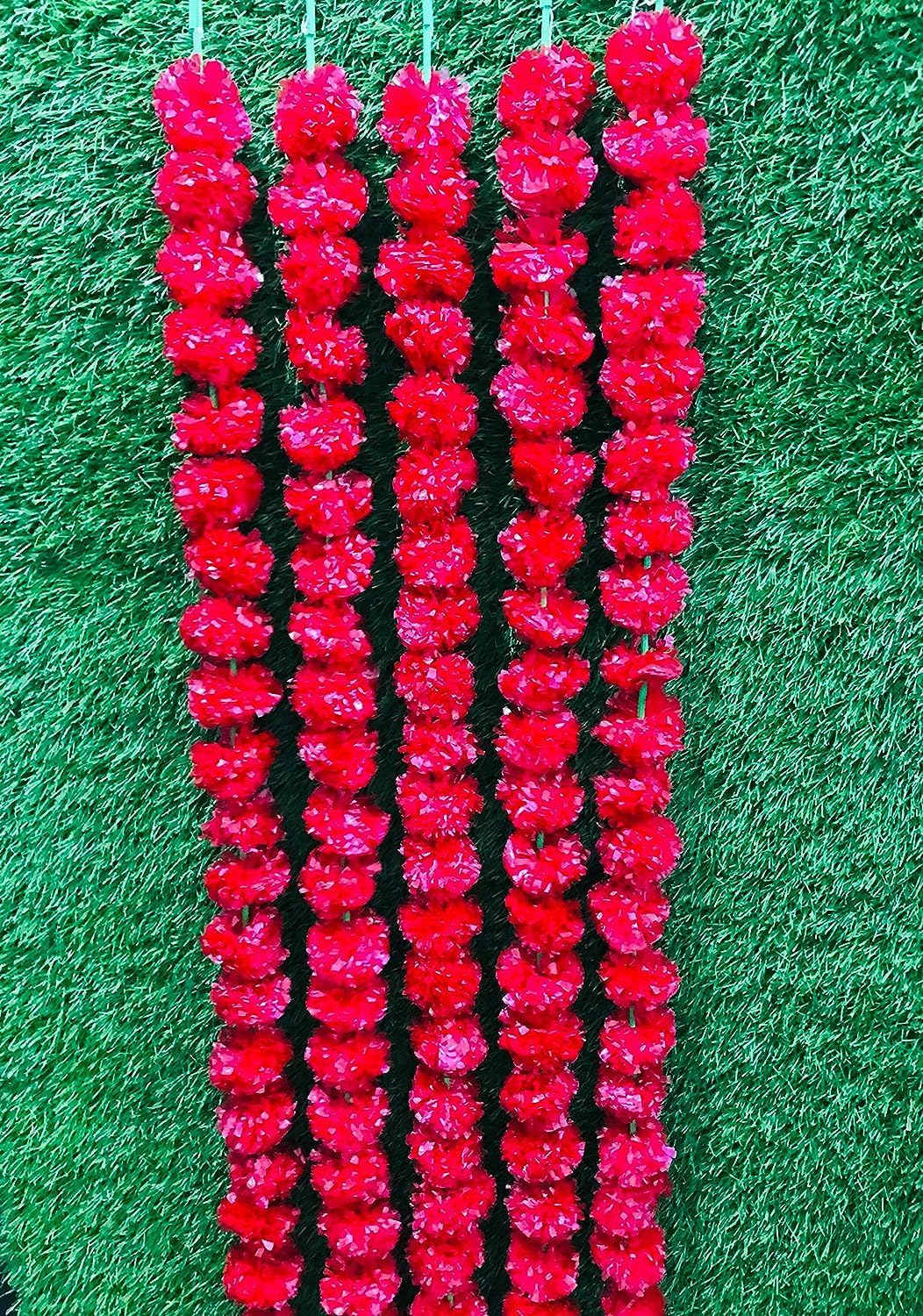 Artificial Flower Marigold Flower Garland 5 String Party Genda Phool Mala 5 Feet Long Each String for Home Decoration Diwali Red image number 2