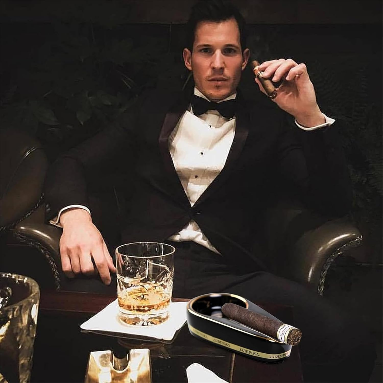 Black Gold Ceramic Cigar Ashtray with Holder, Classic Cigar Gilt Ash Tray for Home Office Patio image number 3